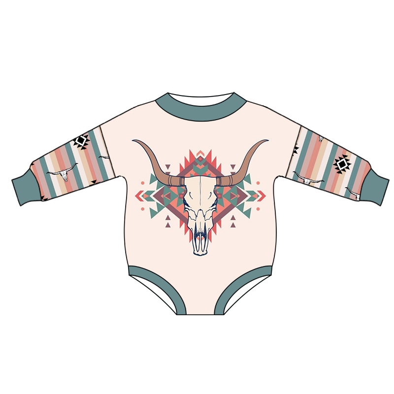 preorder LR0351 Cow Head Geometric Pattern Blue Long Sleeves Kids Romper