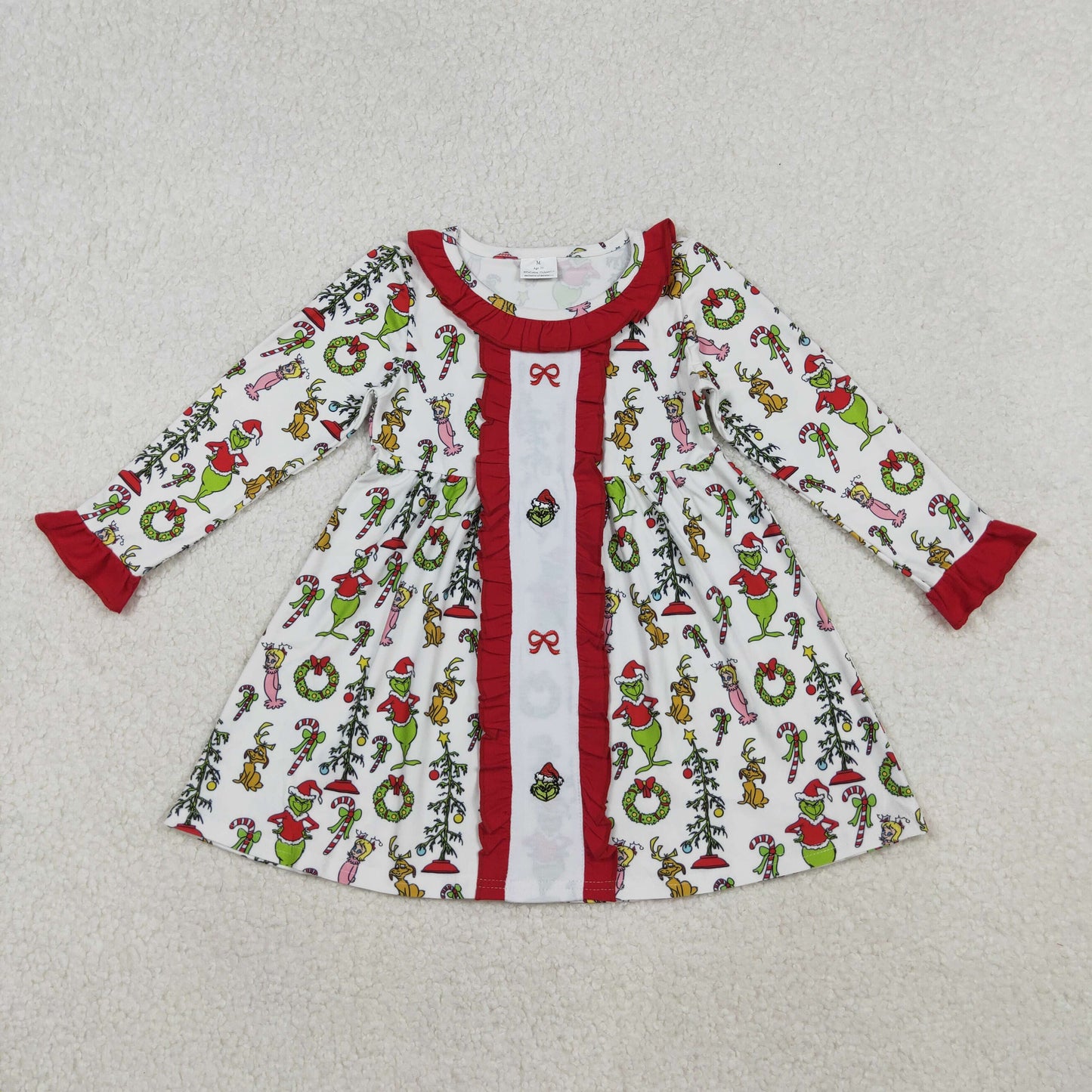 embroidery GLD1289 Christmas green face bows long sleeve girls dress