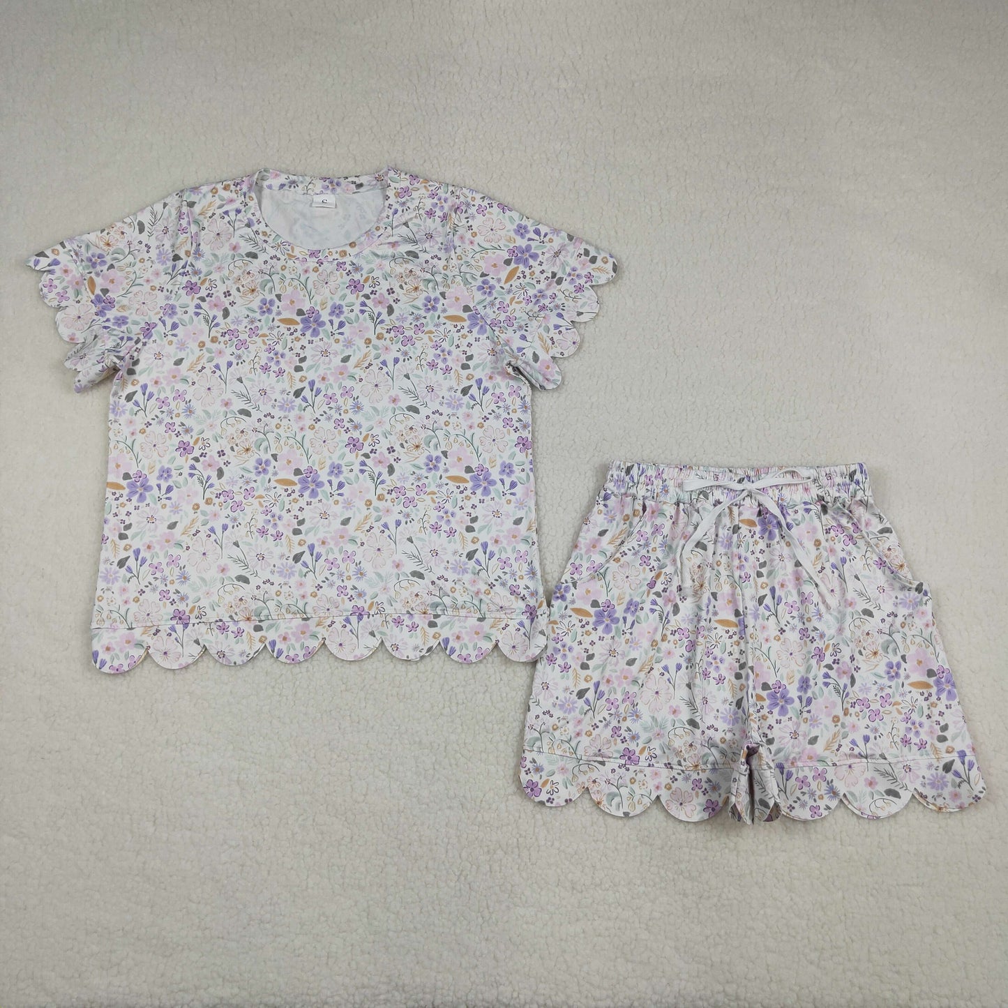 GSSO3420 Scallop Purple Flowers Short Sleeve Shorts Adult Women Set