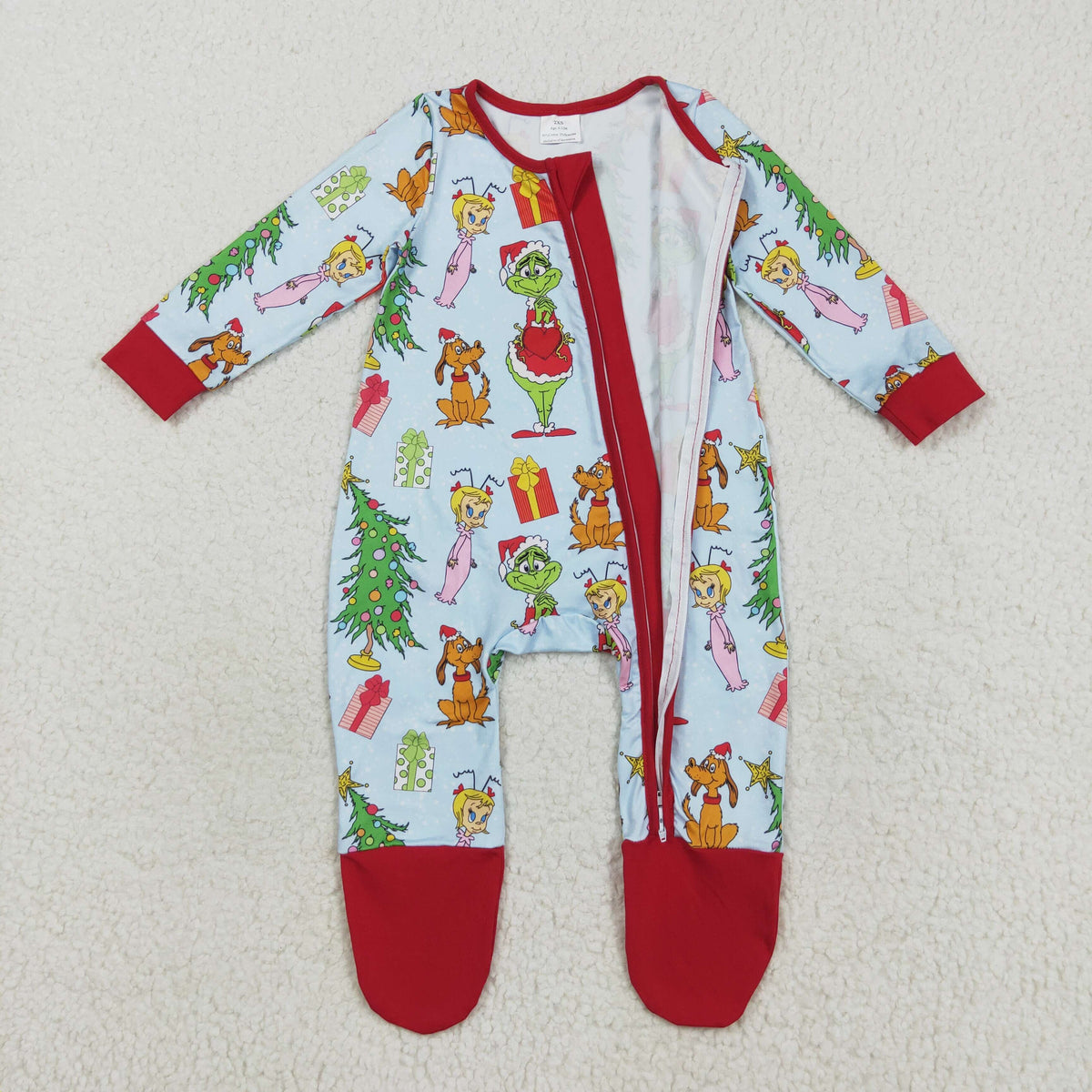 LR2478 Christmas green face tree red blue zipper long sleeve girls romper