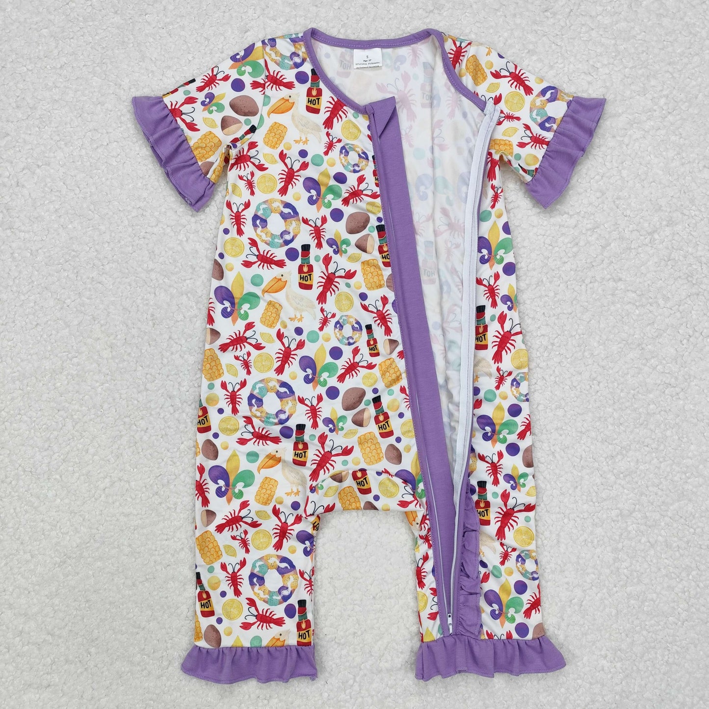 USA SHOP SR2019 Mardi Gras crayfish donut corn purple short sleeve zipper girls romper