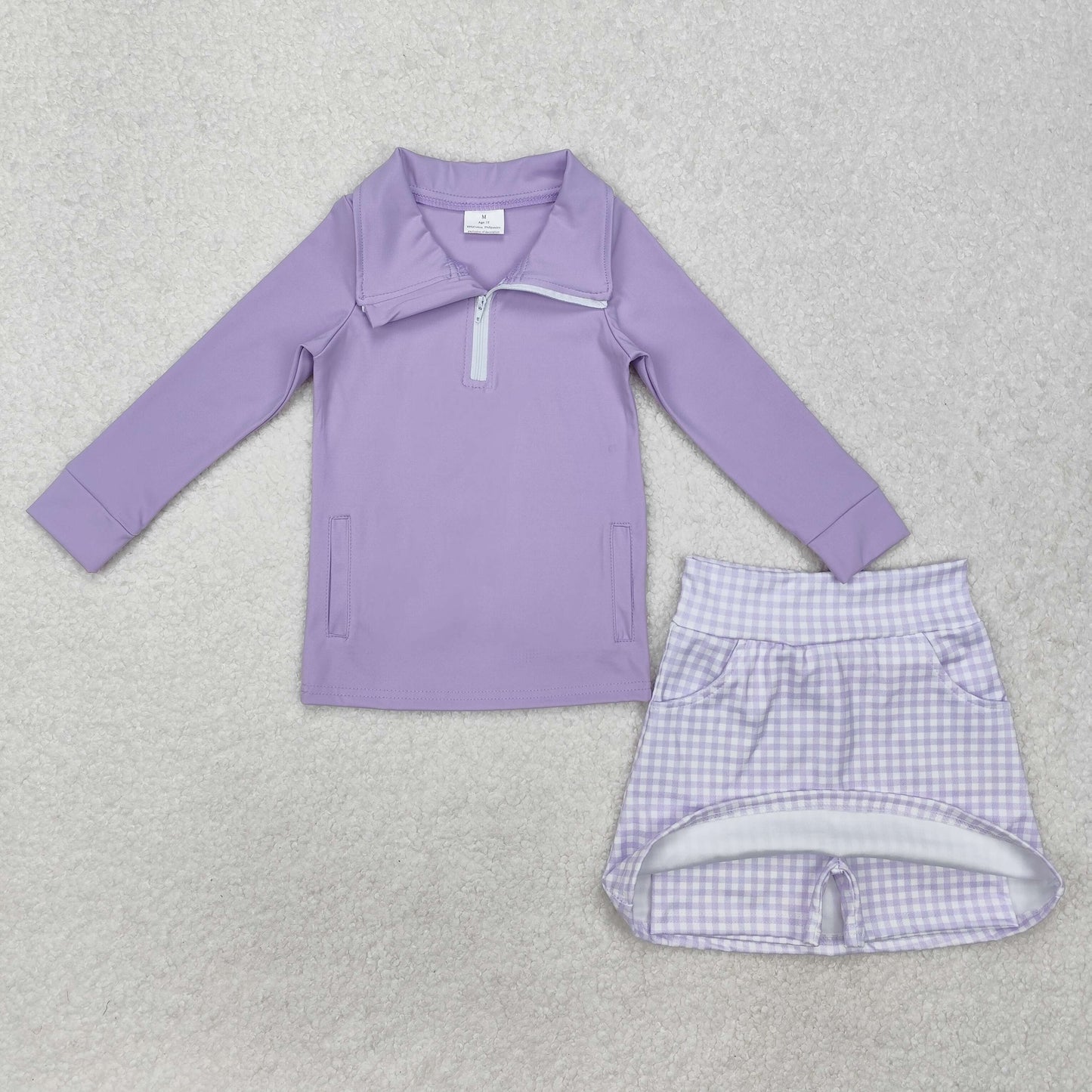 GLD0985 purple zipper long sleeve colorful flowers skirt girls set