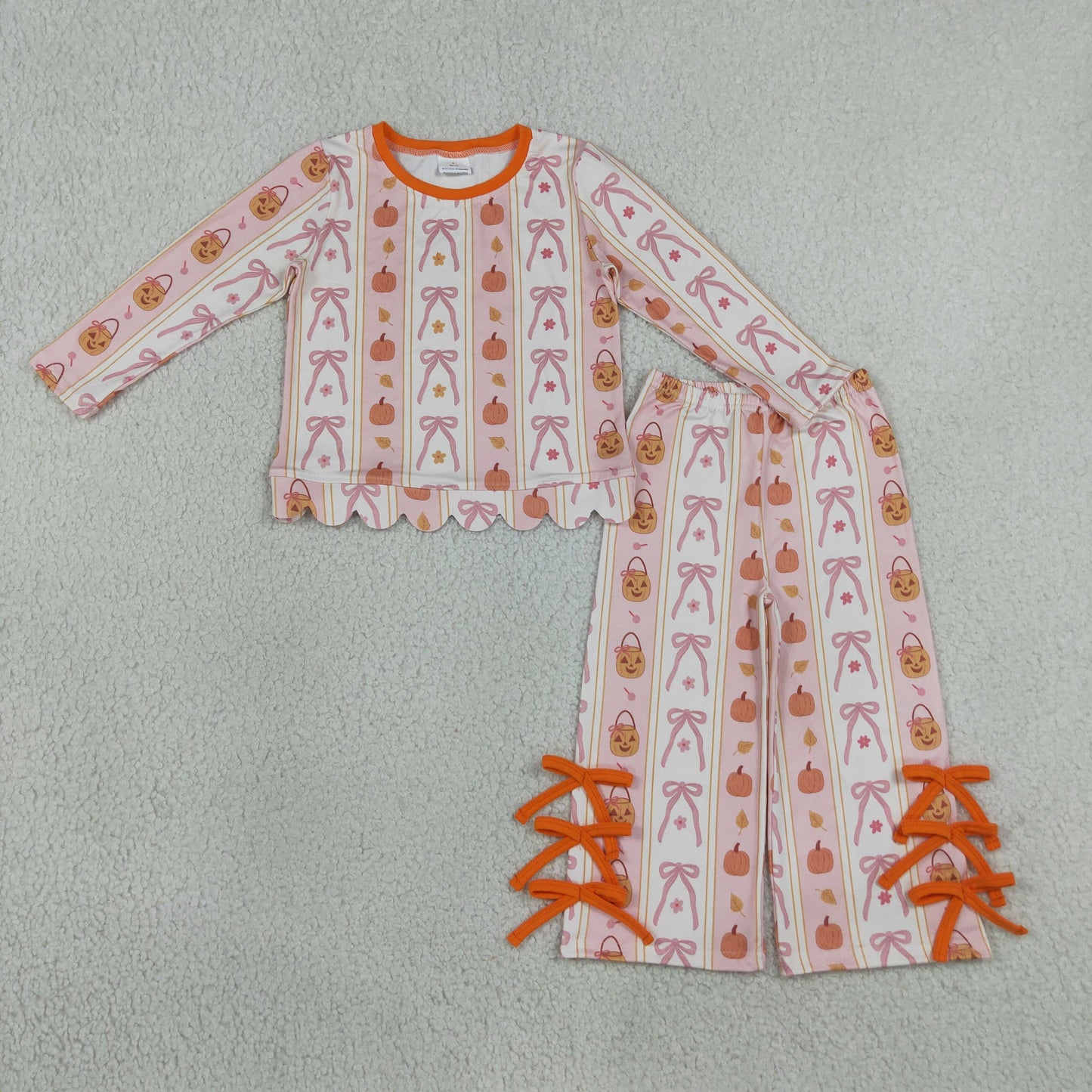 GLP3436 Halloween Pumpkin Bows Pink Long Sleeve Pants Girls Set