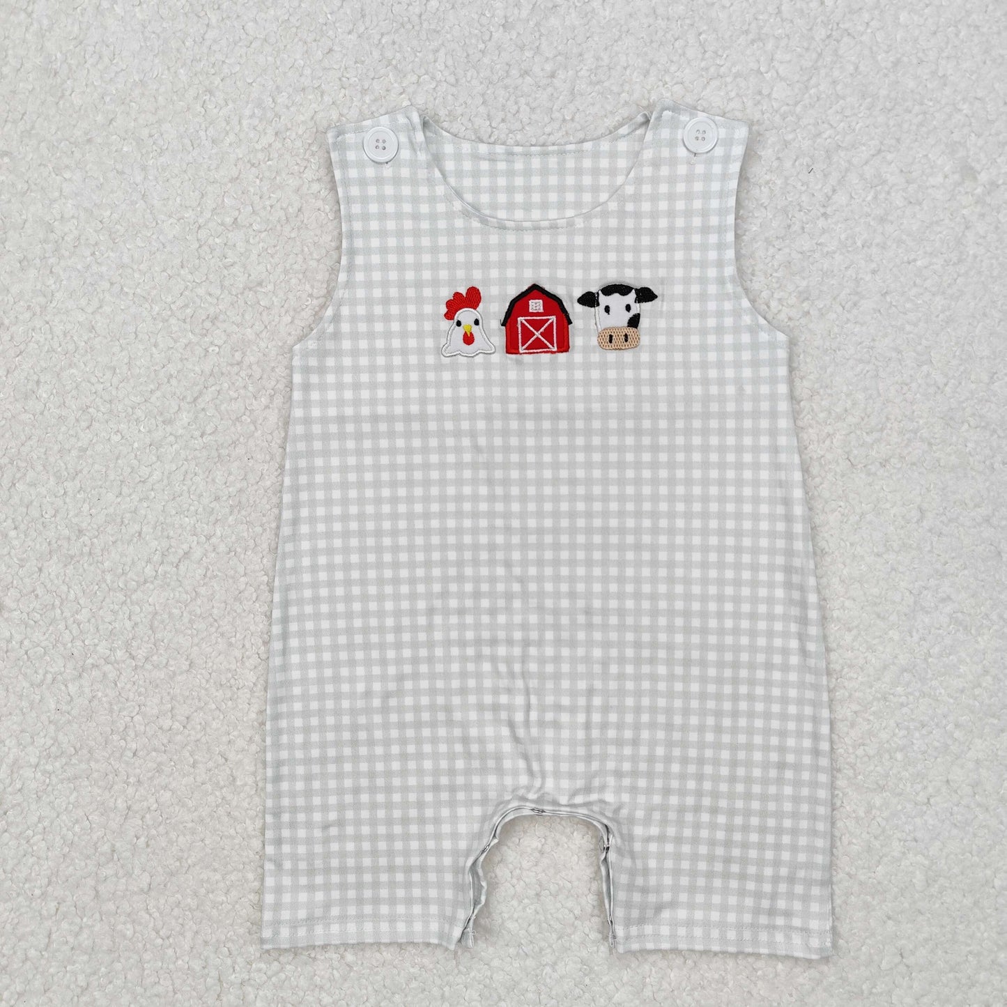 embroidery SR2183 Farm chick cow house checkered sleeveless boys romper