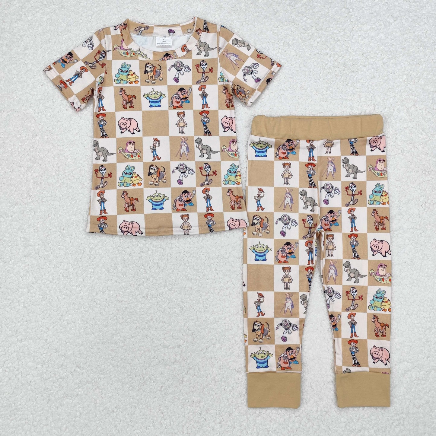BSPO0477 cartoon toy animals khaki checkered short sleeve pants boys pajamas