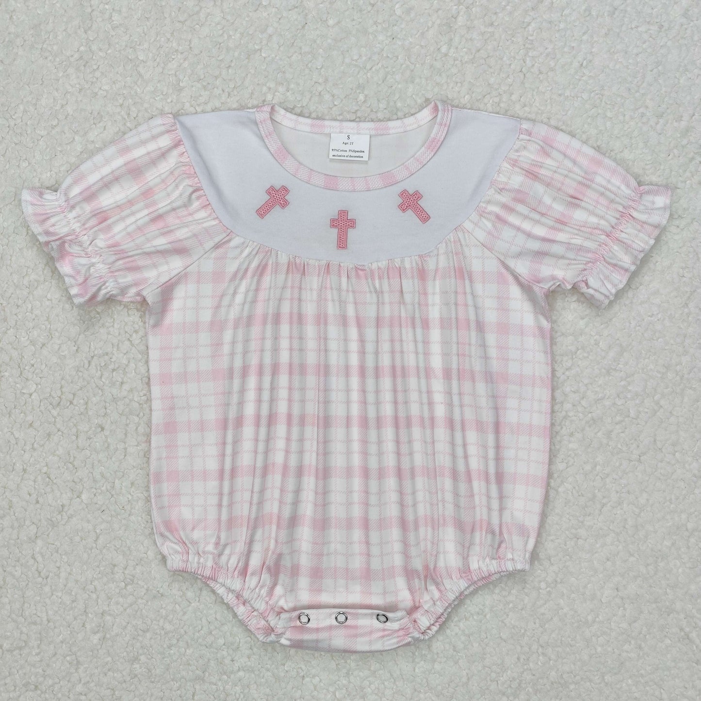 embroidery SR2504 Easter cross pink checkered short sleeve girls romper