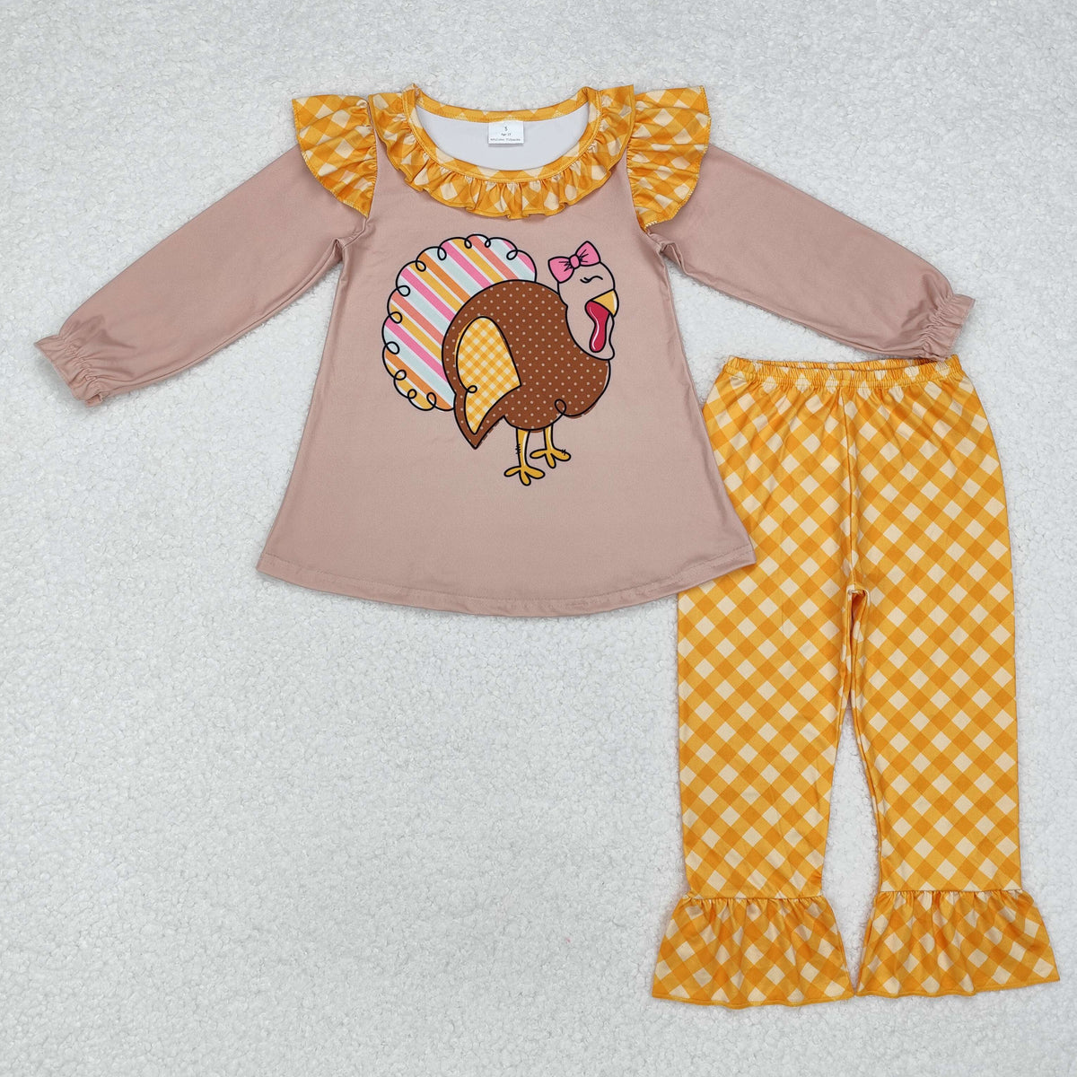 GLP1410 Thanksgiving turkey khaki long sleeve yellwo checkered pants girls set