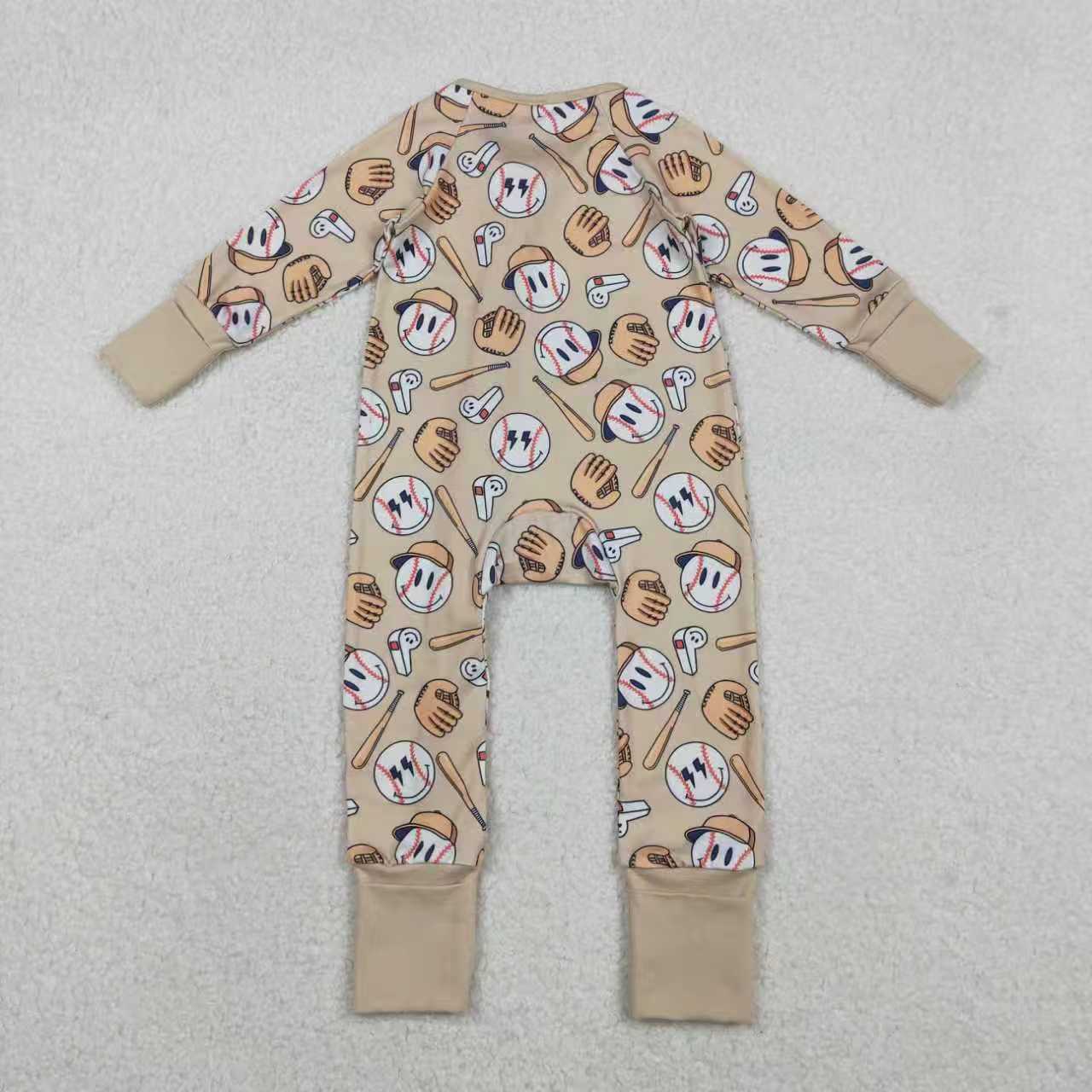 Smile Basseball Khaki Romper/Pajamas RTS Sibling Clothes