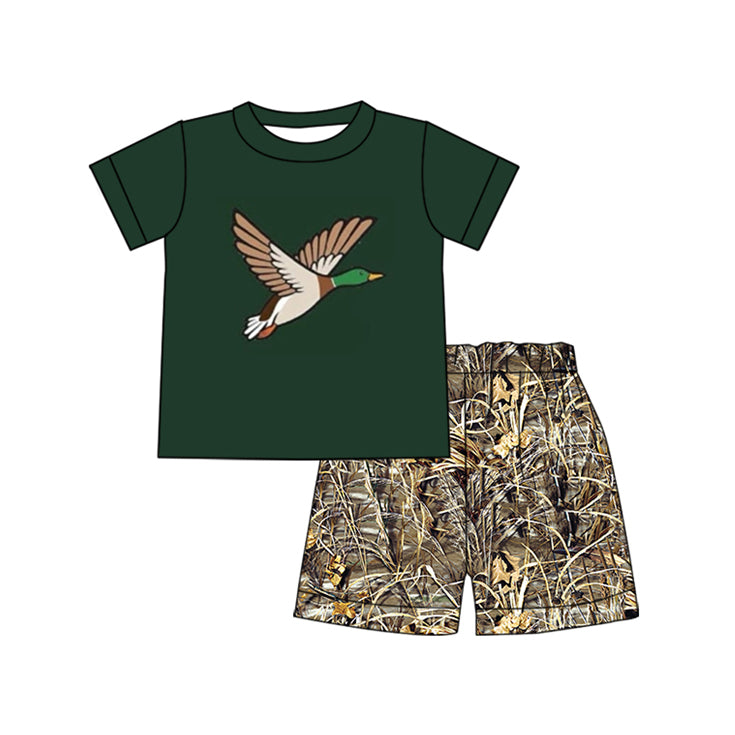custom S mallard duck dark green short sleeve camo shorts boys set