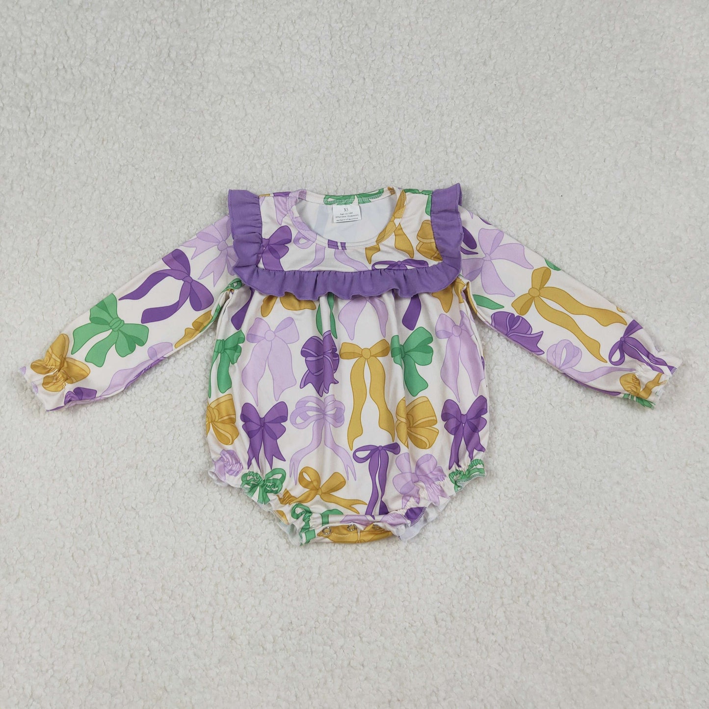 LR2642 Mardi Gras purple/green/yellow bows long sleeve girls romper