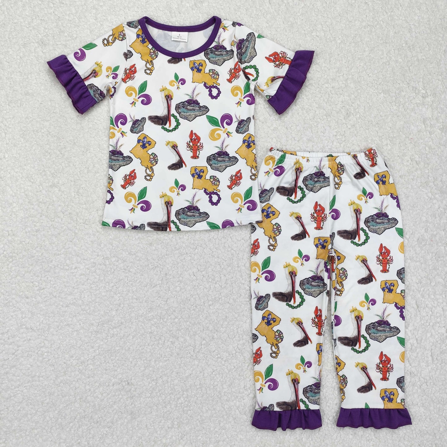 GSPO1921 Mardi Gras Crayfish Crocodile Purple Short Sleeve Pants Girls Pajamas
