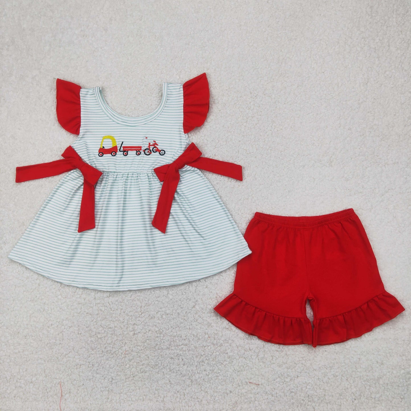 embroidery GSSO2404 golf car toy car striped with bows flutter sleeve red shorts girls set