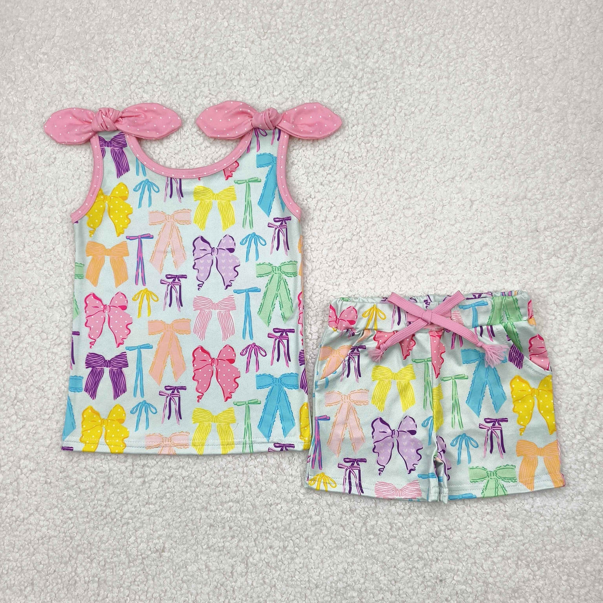 GSSO2188 colorful bows pink vest shorts girls set