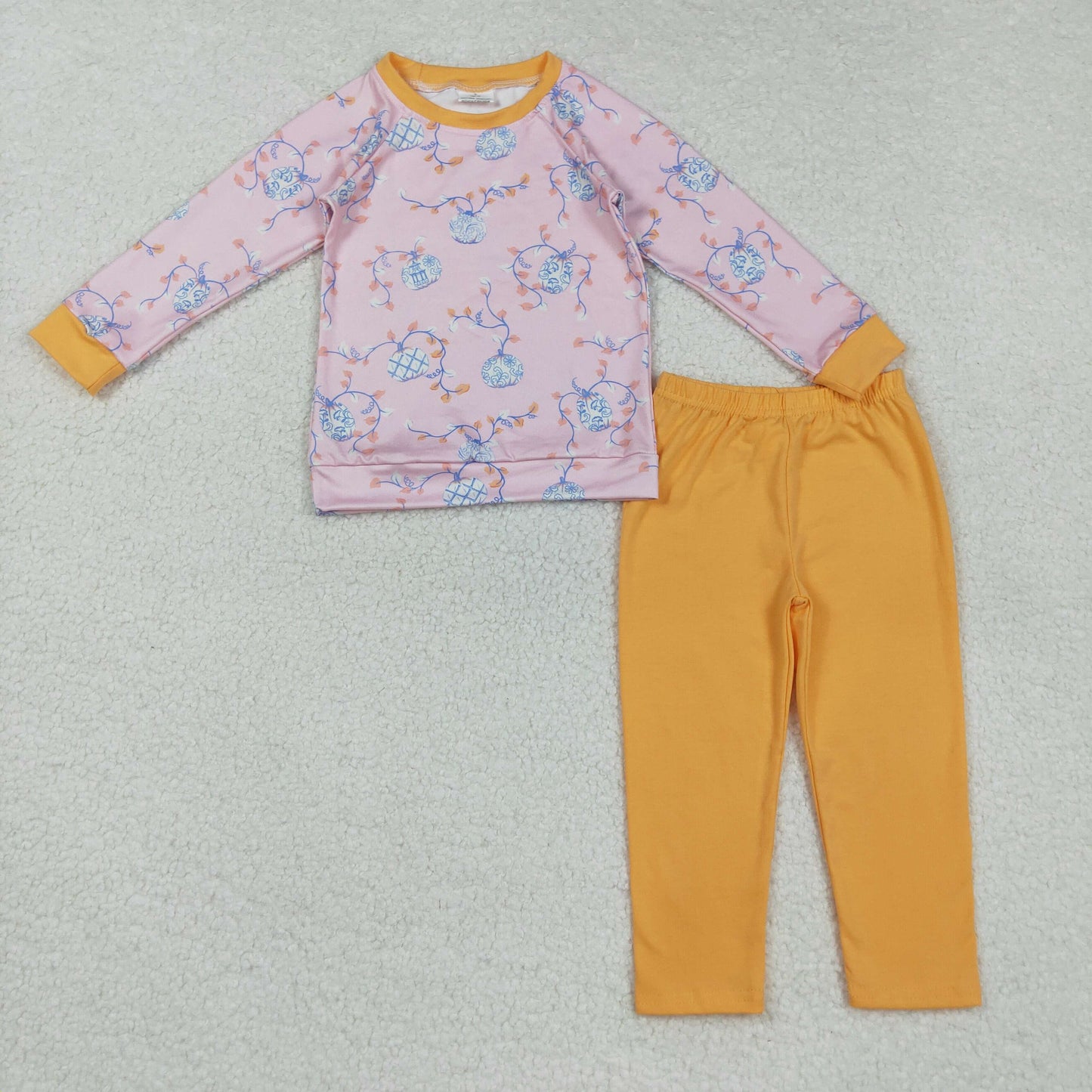 BLP0835 blue pimpkin flowers pink long sleeve orange pants girls set