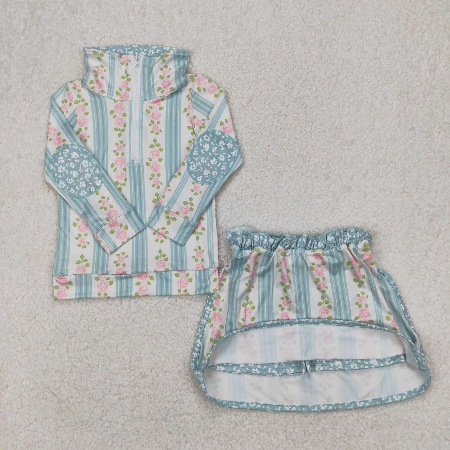 GLD1001 pink flowers blue striped zipper long sleeve skirt with shorts girls set