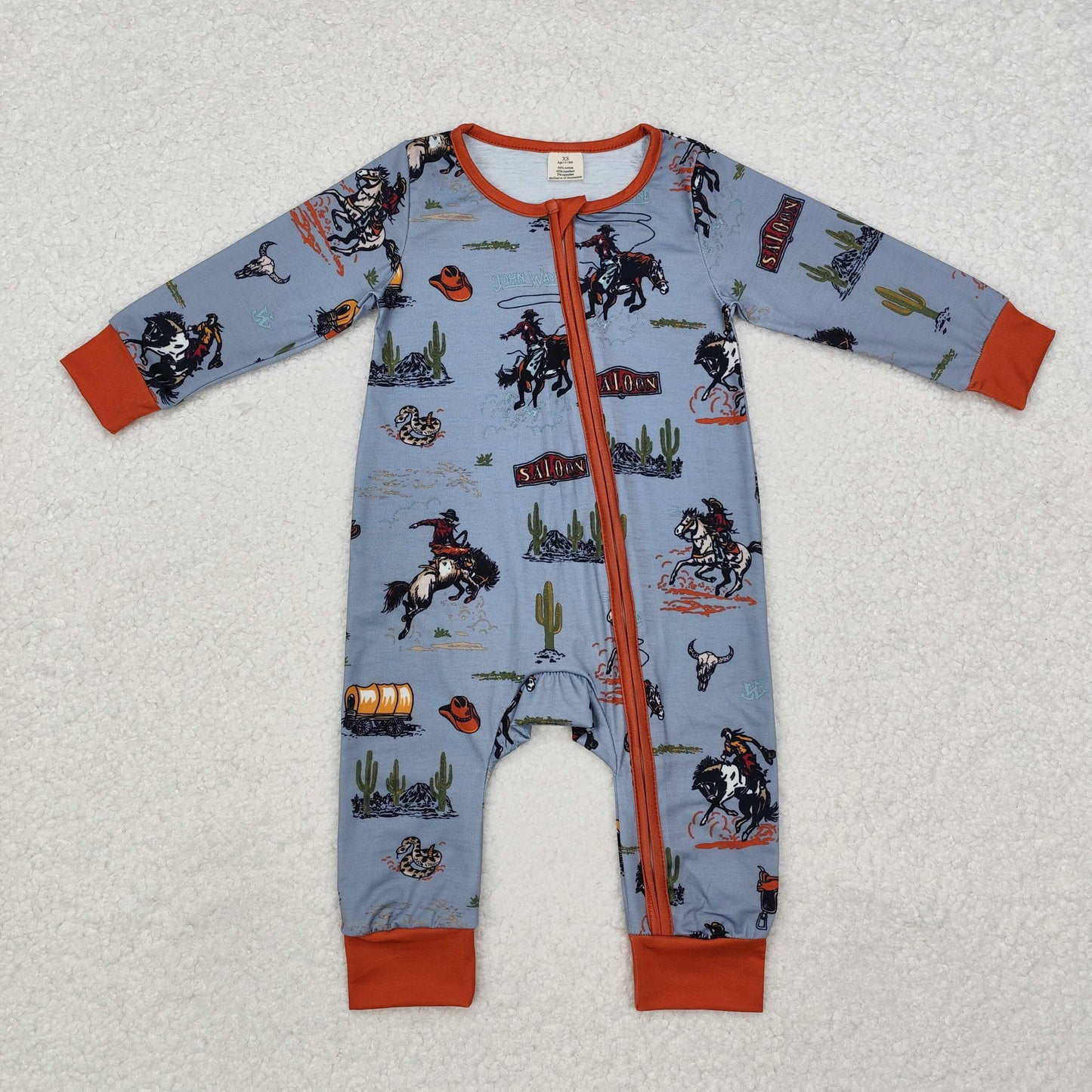 USA SHOP LR1858 Western rodeo cactus blue long sleeve zipper boys romper