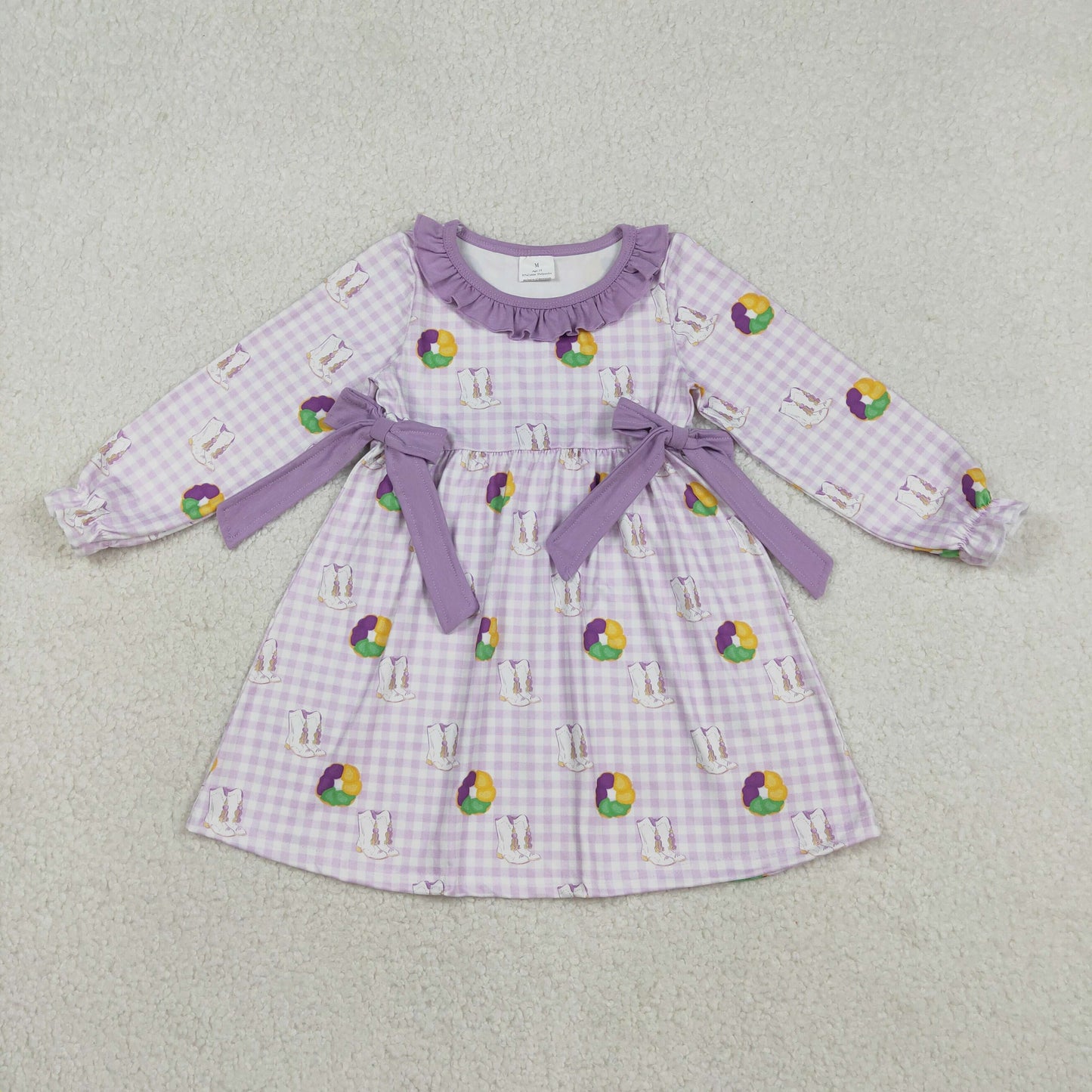 GLD1379 Mardi Gras count purple checkered bows long sleeve girls dress