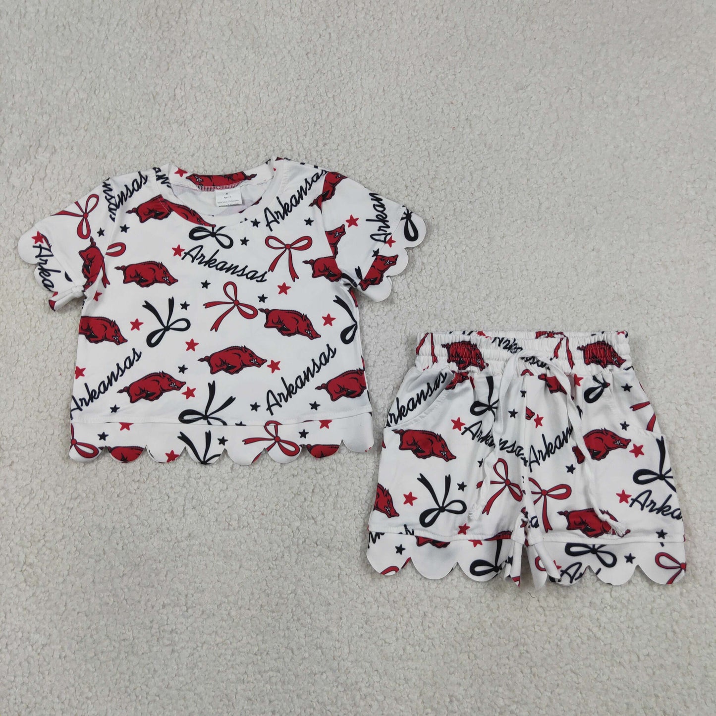 GSSO3254 Scallop Football Item Bows Short Sleeve Shorts Girls Set