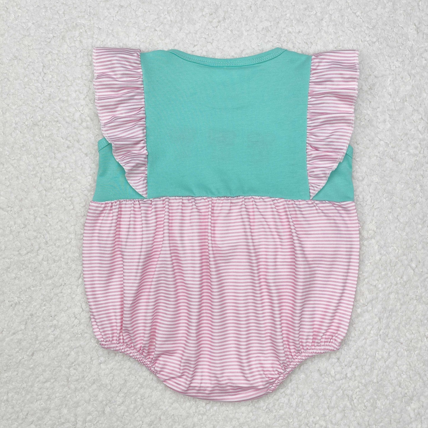 embroidery SR2326 cartoon dance shoe green pink striped flutter sleeve girls romper