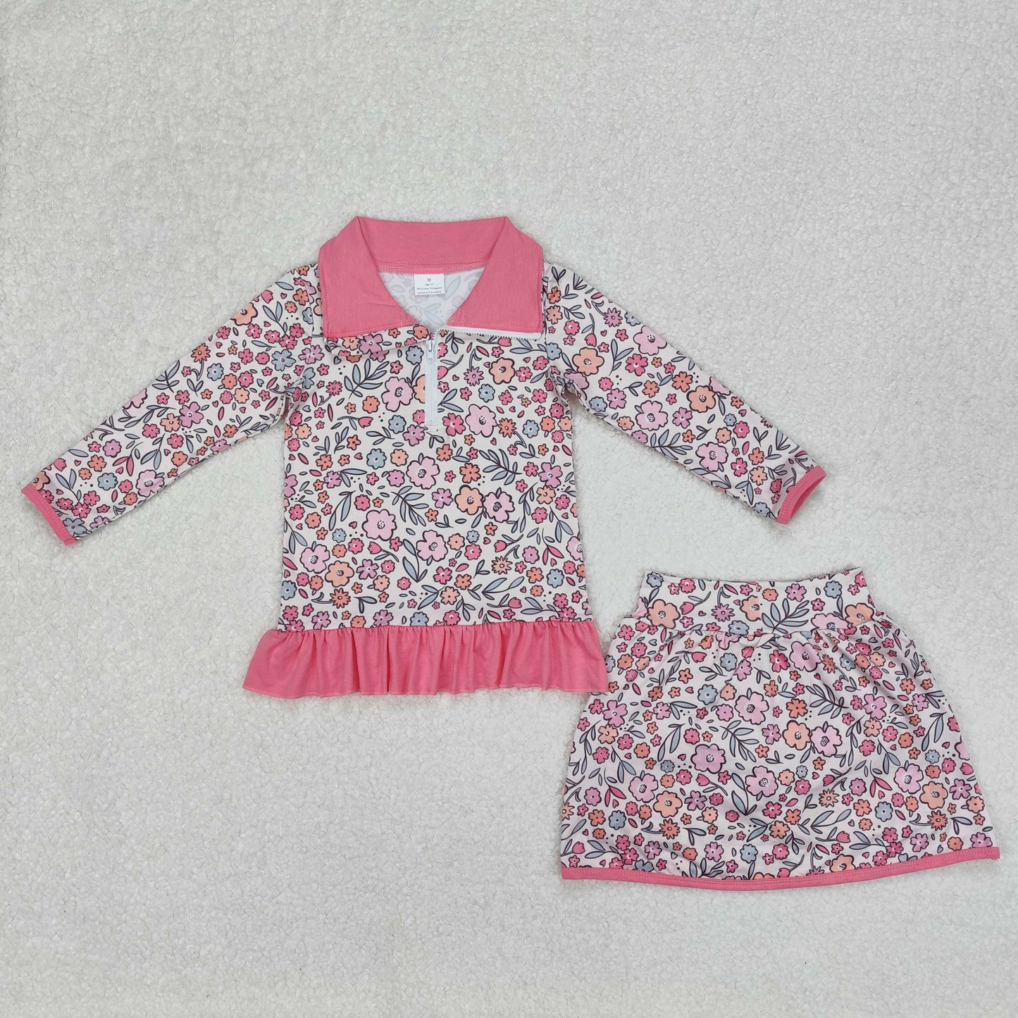 GLD1011 pink flowers hot pink zipper long sleeve skirt with shorts girls set