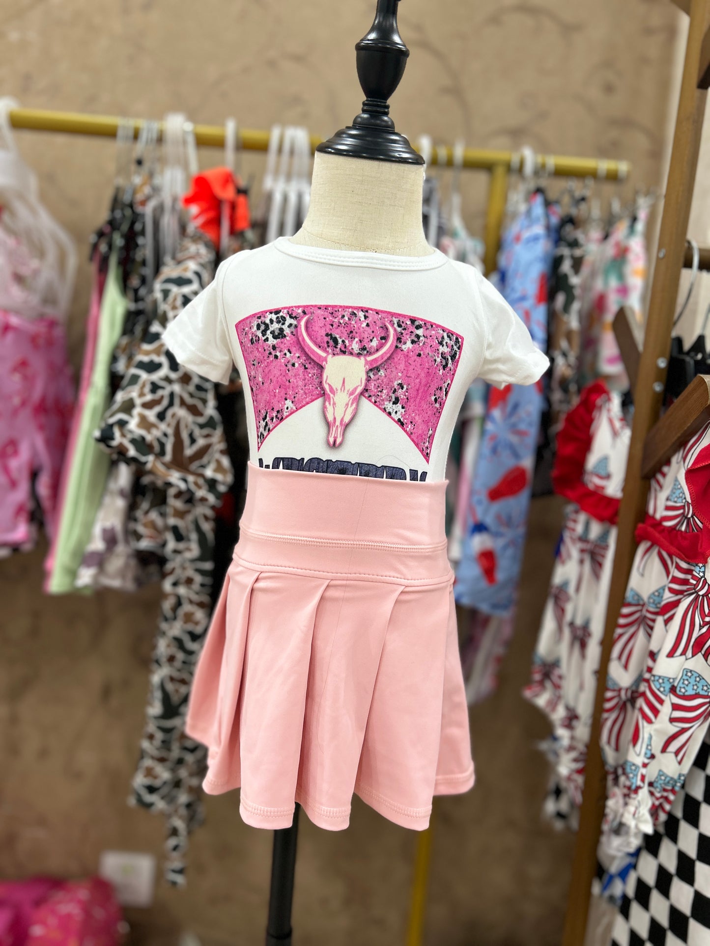 Western cow short sleeve yoga light pink skirt skort girls set