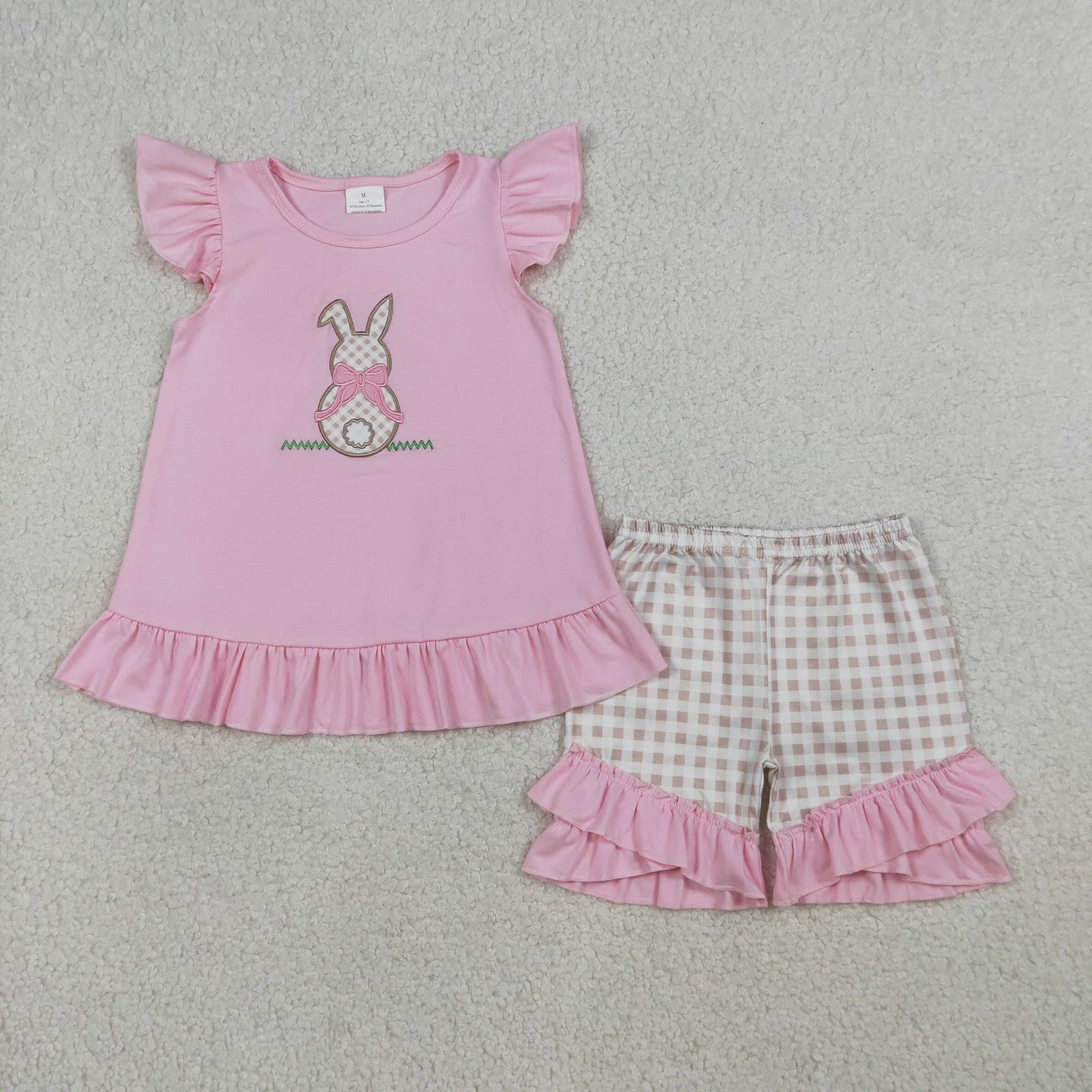 Embroidery GSSO0374 Easter Rabbit Pink Flutter Sleeve Checkered Shorts Girls Set