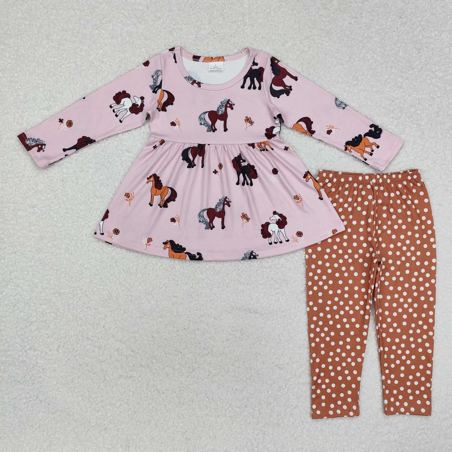 GLP2072 cute horse flowers pink long sleeve brown dot pants girls set