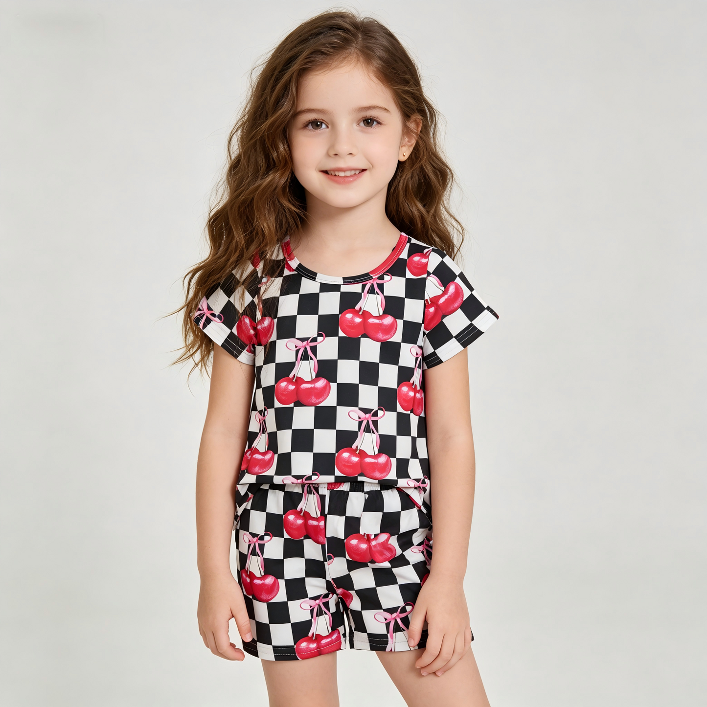GSSO3075 Cherry Black Checkered Short Sleeve Shorts Girls Set