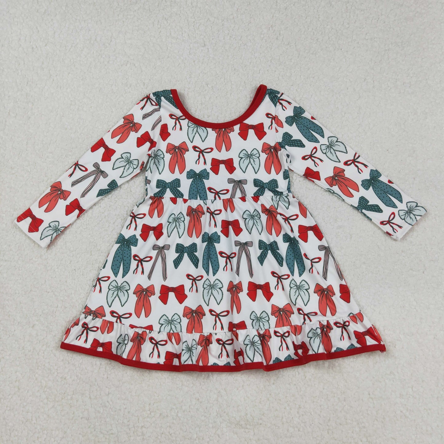 GLD1250 Christmas green red bows long sleeve girls dress