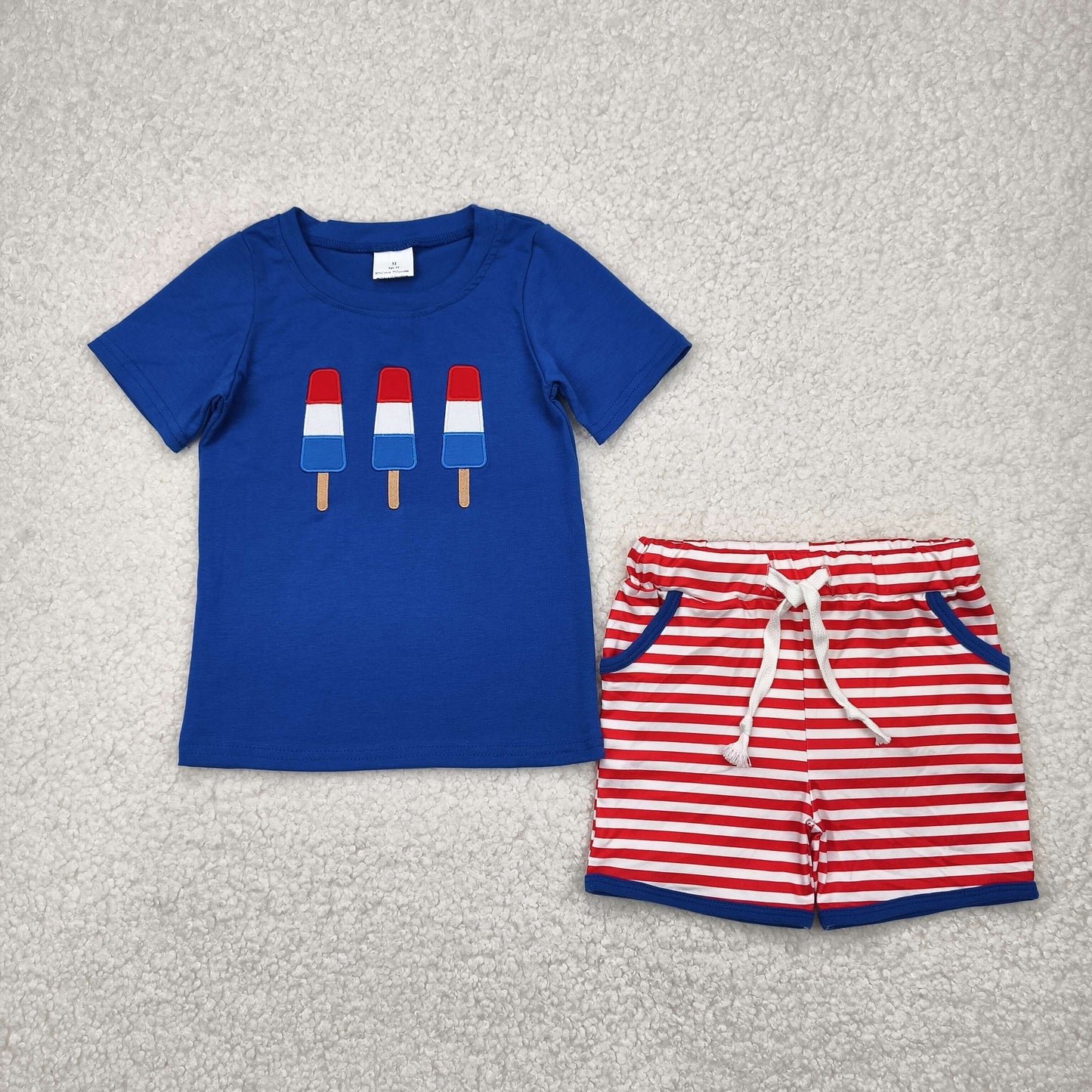 embroidery BSSO1250 July 4th ice blue short sleeve red striped shorts boys set