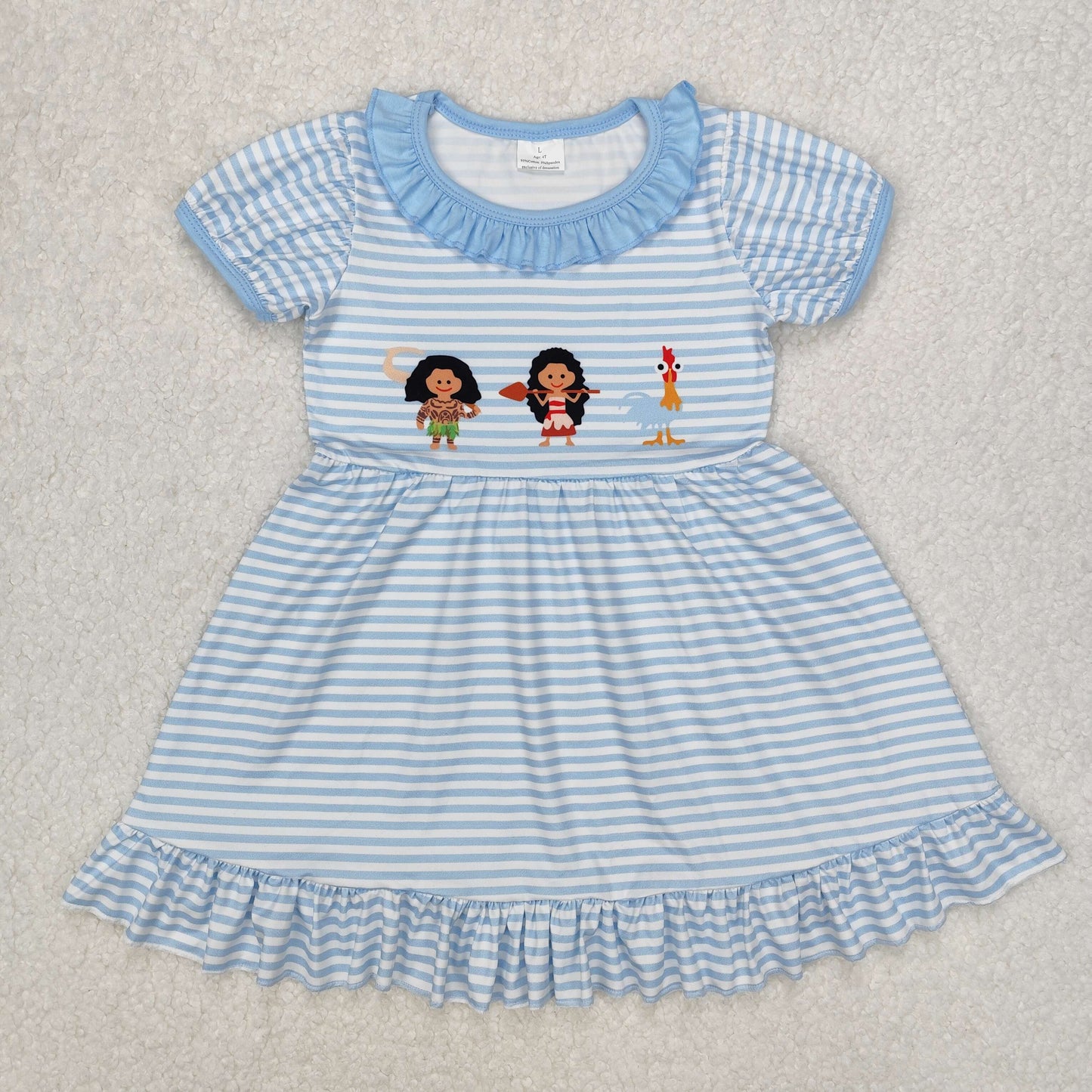 GSD1582 cartoon girl chick blue striped short sleeve girls dress