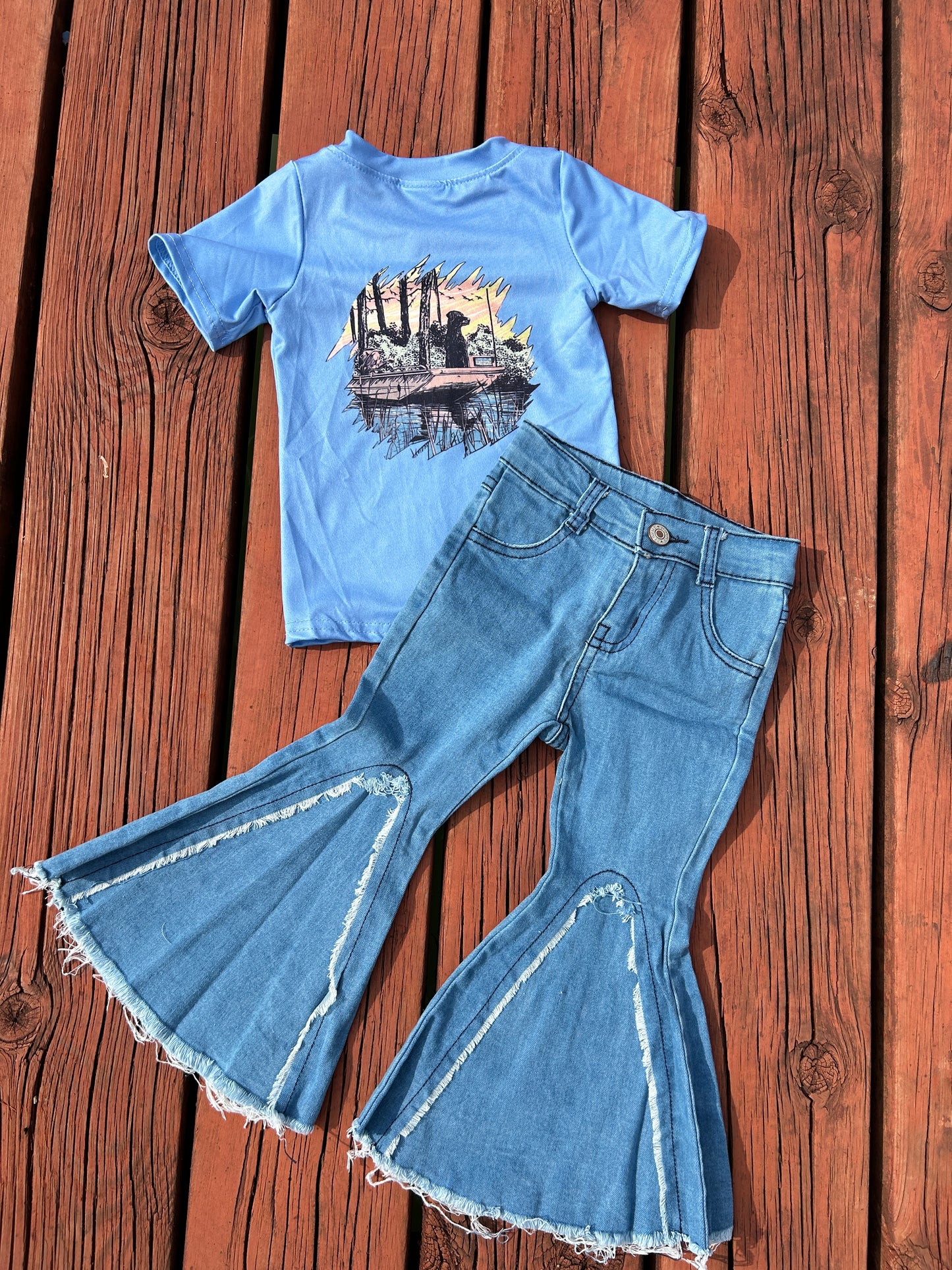 Hunting Dog Blue Short Sleeve Blue Bell Bottom Jeans Girls Set
