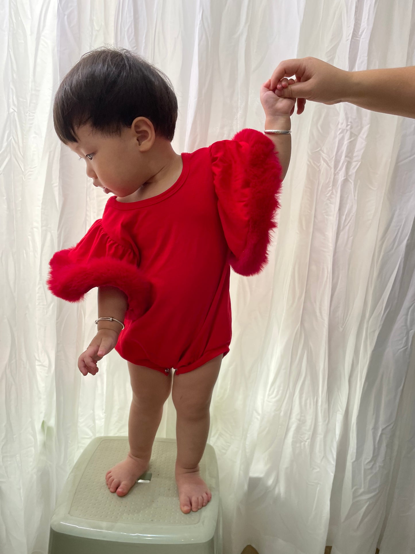 SR0412 Red Faux Fur Sleeve Girls Romper