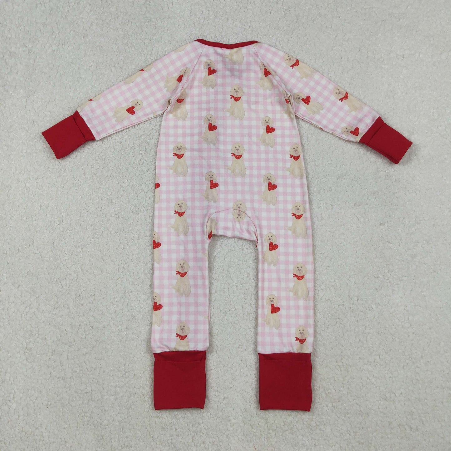 LR2681 Valentine's Day dog heart pink checkered red ruffles zipper long sleeve girls romper