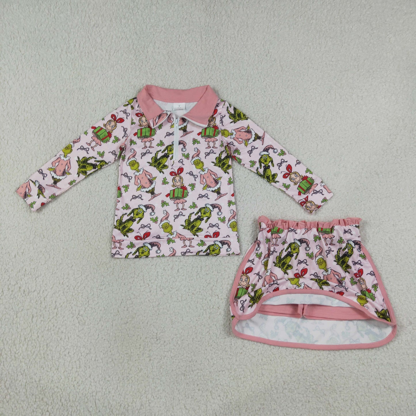 GLD1610 Christmas Green Face Pink Zipper Long Sleeve Skorts Girls Set