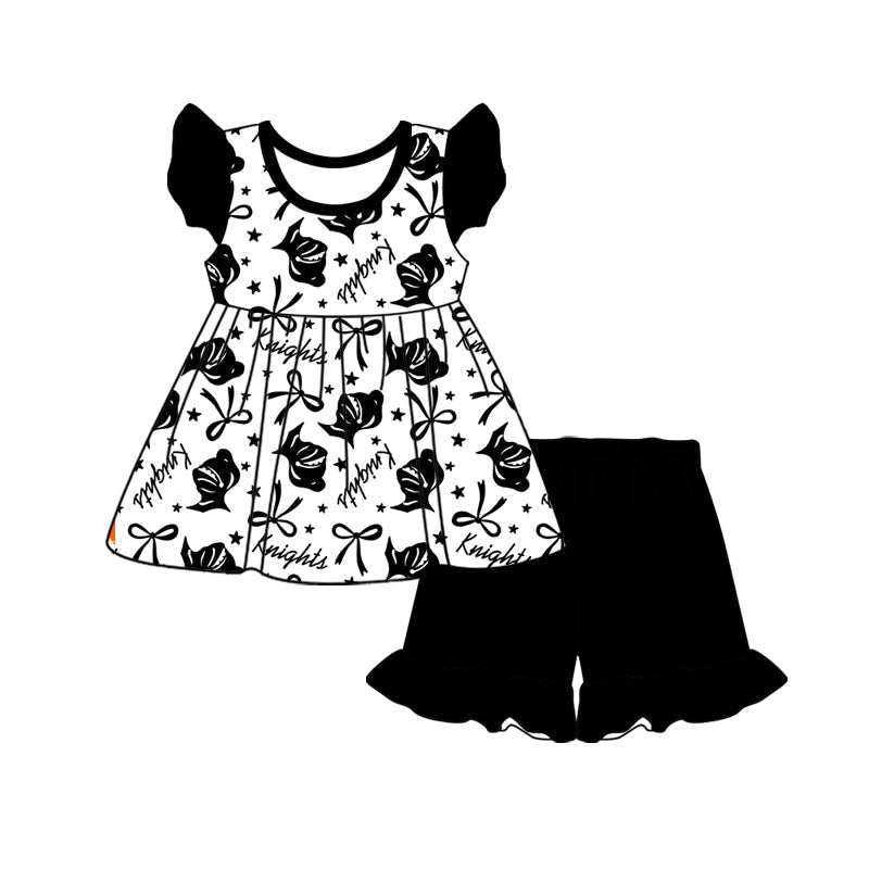 Cutom Moq 3 Football Team Black Bows Flutter Sleeve Black Shorts Girls Set