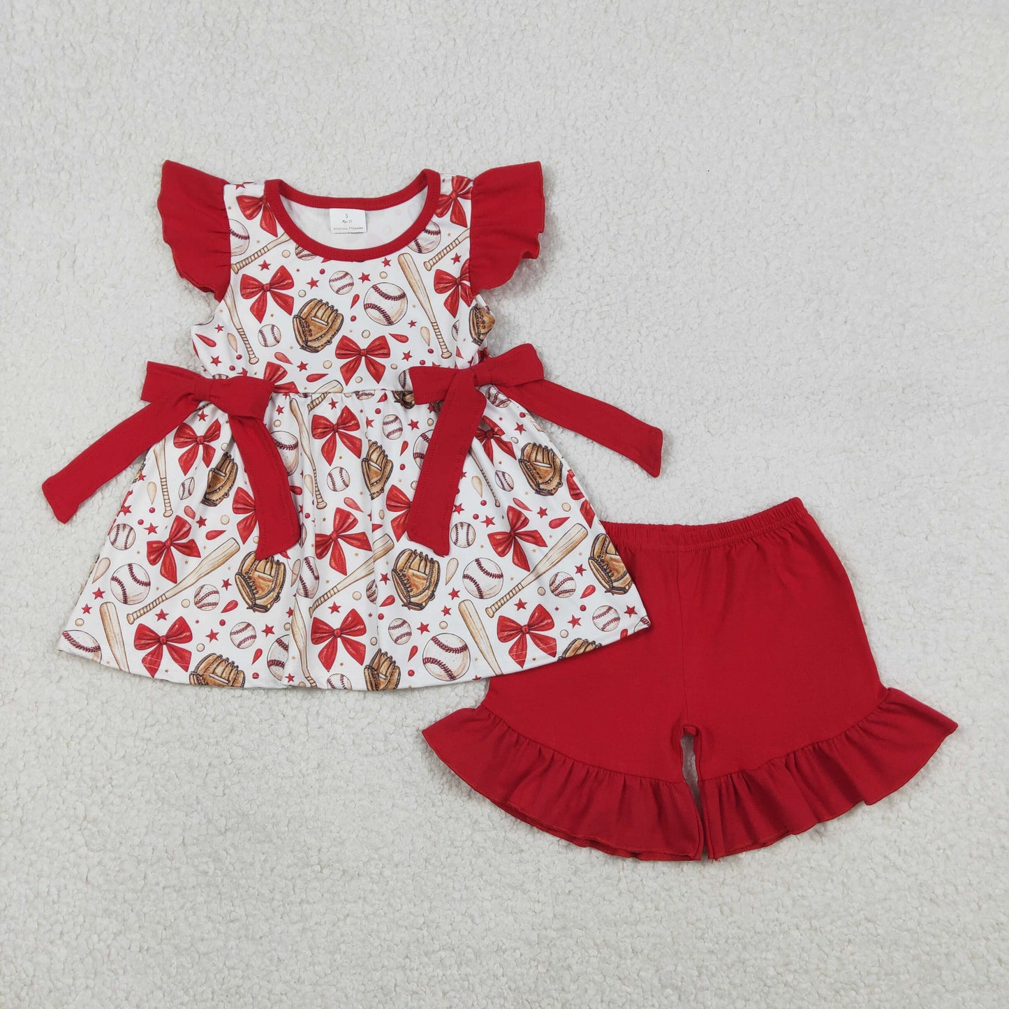 GSSO3058 Baseball Bows Red Flutter Sleeve Red Shorts Girls Set