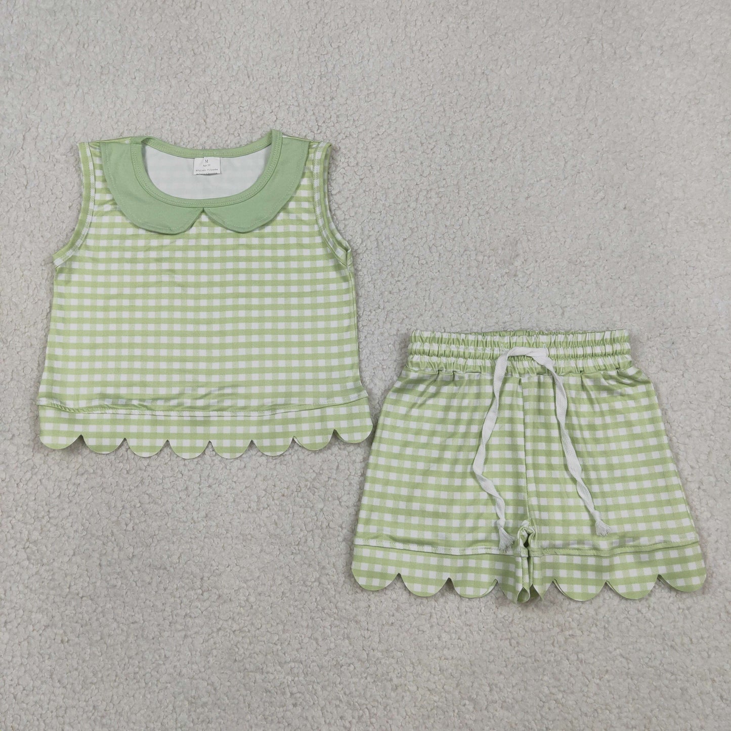 GSSO3398 Scallop Green Checkered Sleeveless Shorts Girls Set