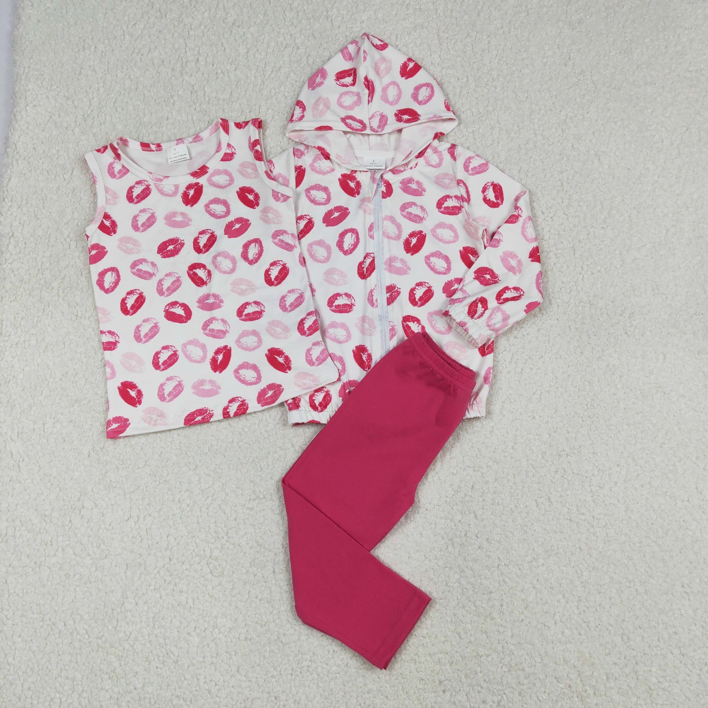 3PC GLP3120 Valentine's Day Lips Top + Zipper Hoodie Long Sleeve Hot Pink Pants Girls Set