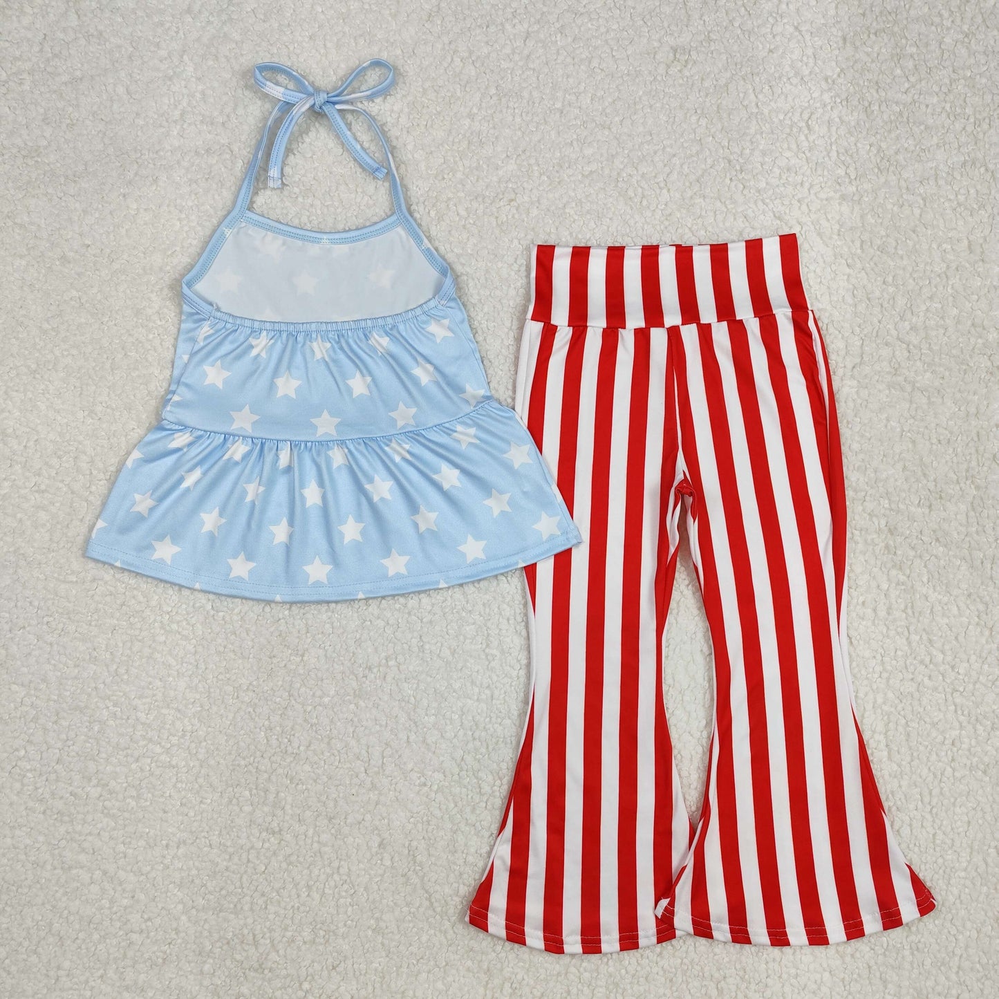 GSPO1974 July 4th Blue Star Straps Red Striped Pants Girls Set