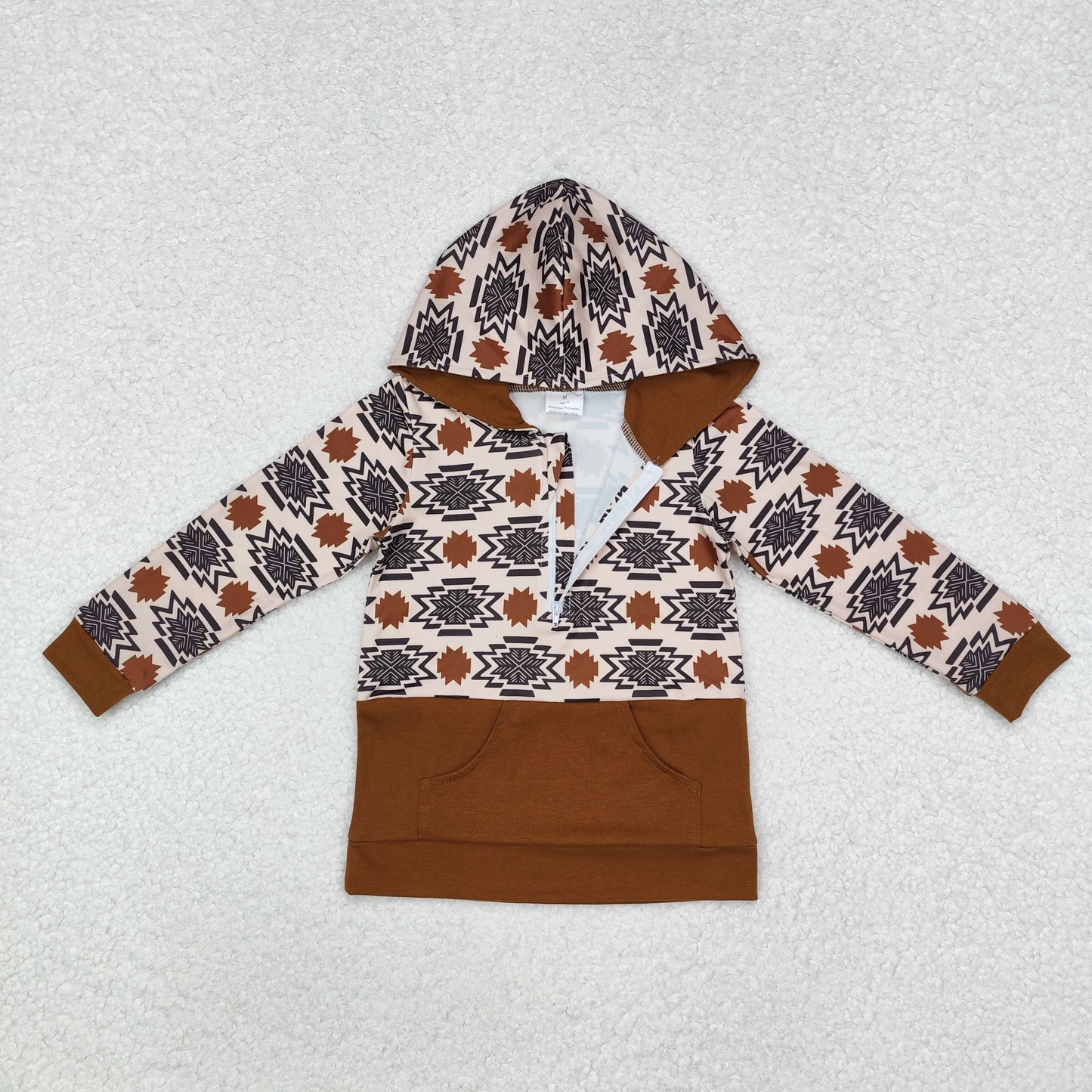 BT0908 Western Aztec brown pocket hoodie zipper long sleeve boys pullover