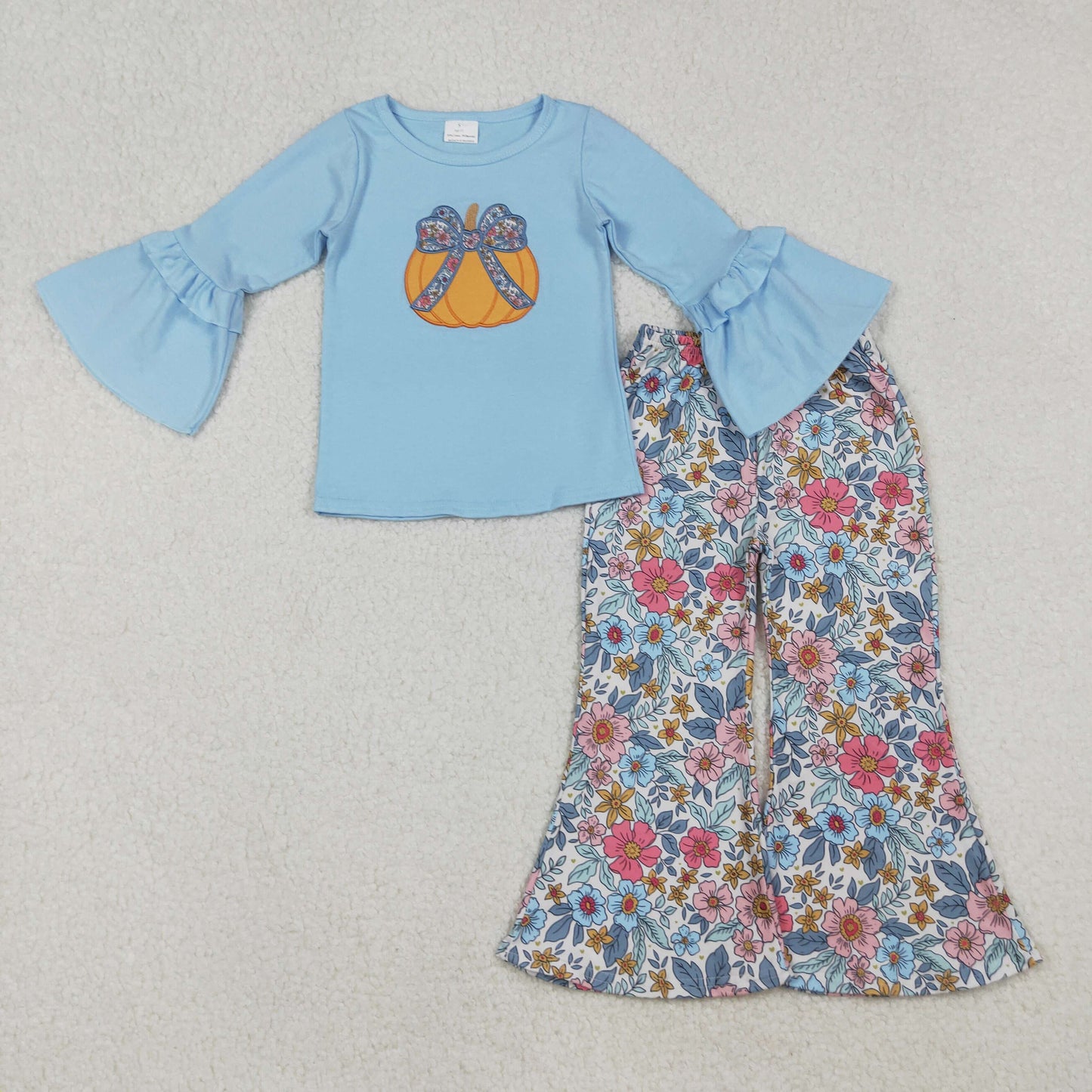 embroidery GLP2596 Autumn pumpkin flowers blue long sleeve pants girls set