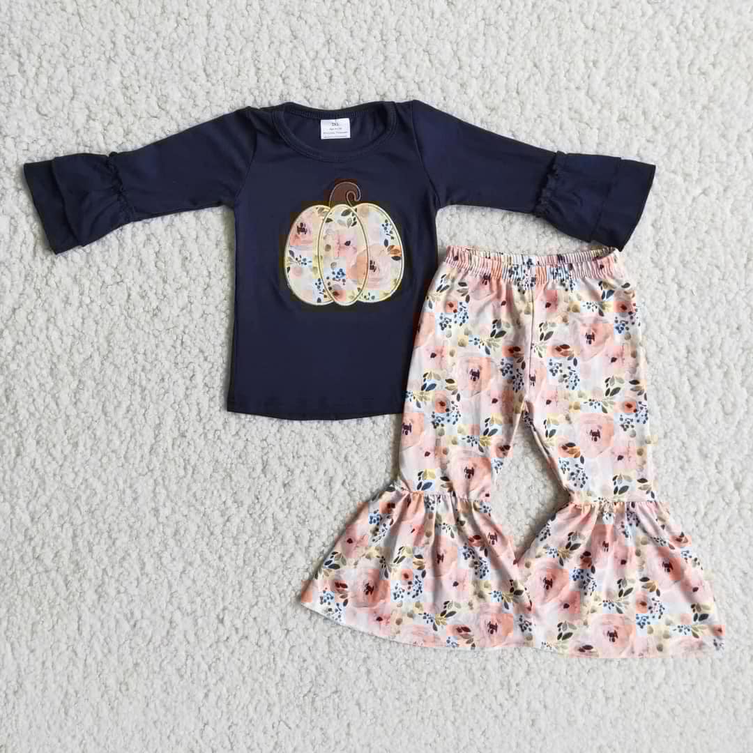 6 A9-15 pumpkin flowers long sleeve pink flowers pants girls set