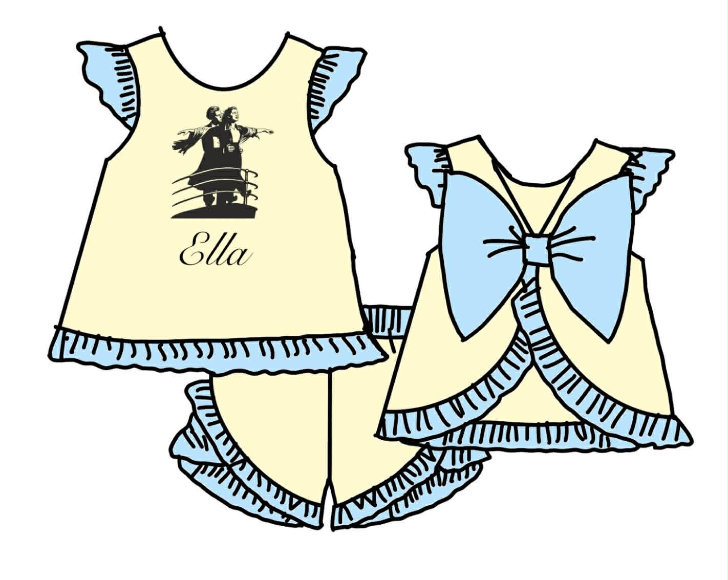 Custom Moq 3 TITANIC Yellow Flutter Sleeve With Bow Ruffles Shorts Girls Set