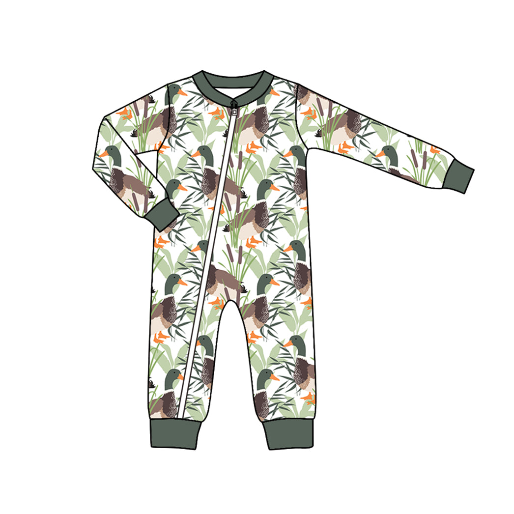 custom S mallard duck dark green long sleeve boys zipper romper