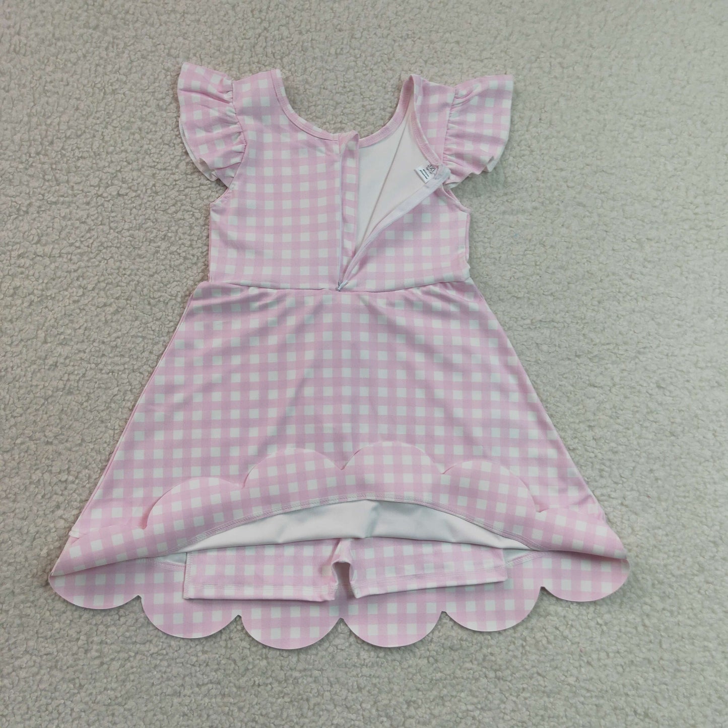 GSD3796 Yoga Pink Checkered Flutter Sleeve Girls Dress