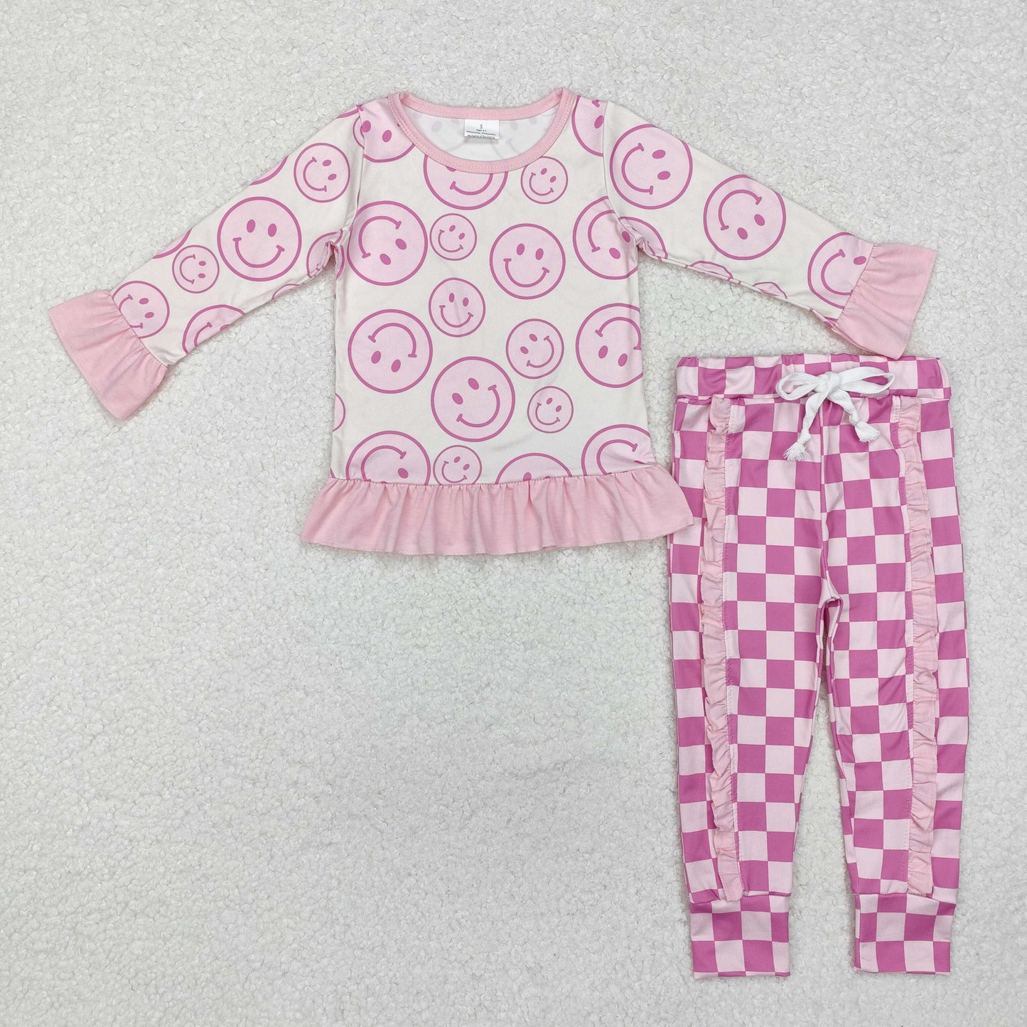 GLP1722 smile long sleeve pink checkered pants girls set