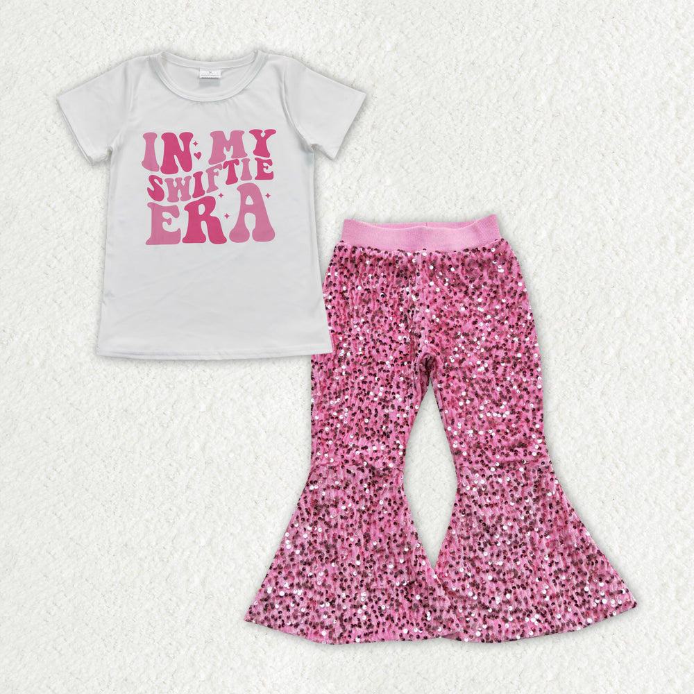 GSPO1259 In My white short sleeve hot pink sequin pants girls set