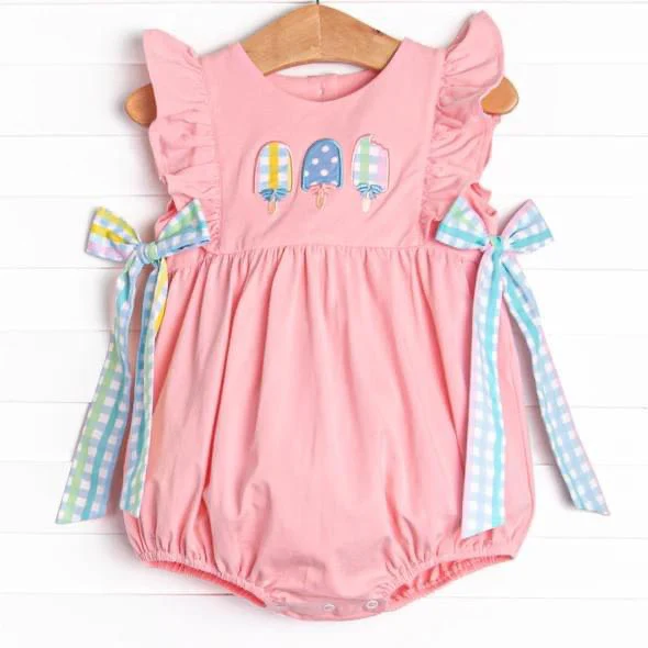 custom style cute ice pink flutter sleeve girls bows romper