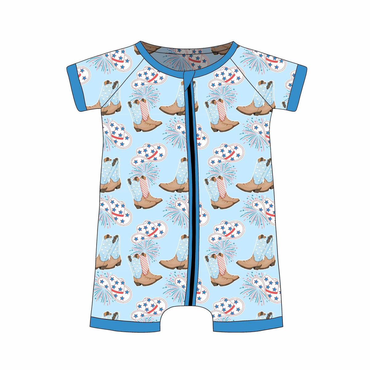 custom July 4th hat boot blue short sleeve zipper boys romper